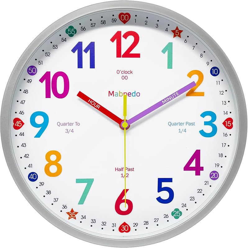 Reloj de pared silencioso de aprendizaje en el aula, color blanco, de 12 pulgadas, para niños y profesores | Reloj de pared con pilas y marco plateado, suministros para escuela en casa, reloj de aprendizaje para aula, dormitorio de niños
