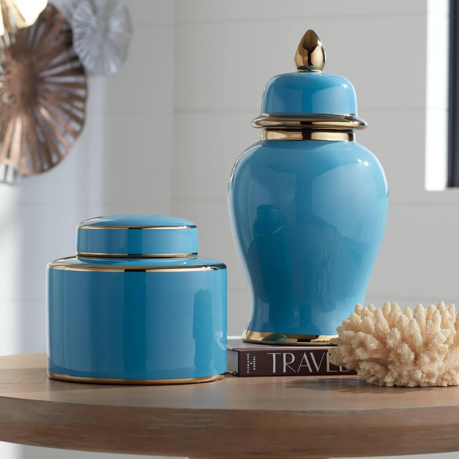 Nirvana Turquoise and Gold 2-Piece Porcelain Jar Set with Lids - Kensington Hill