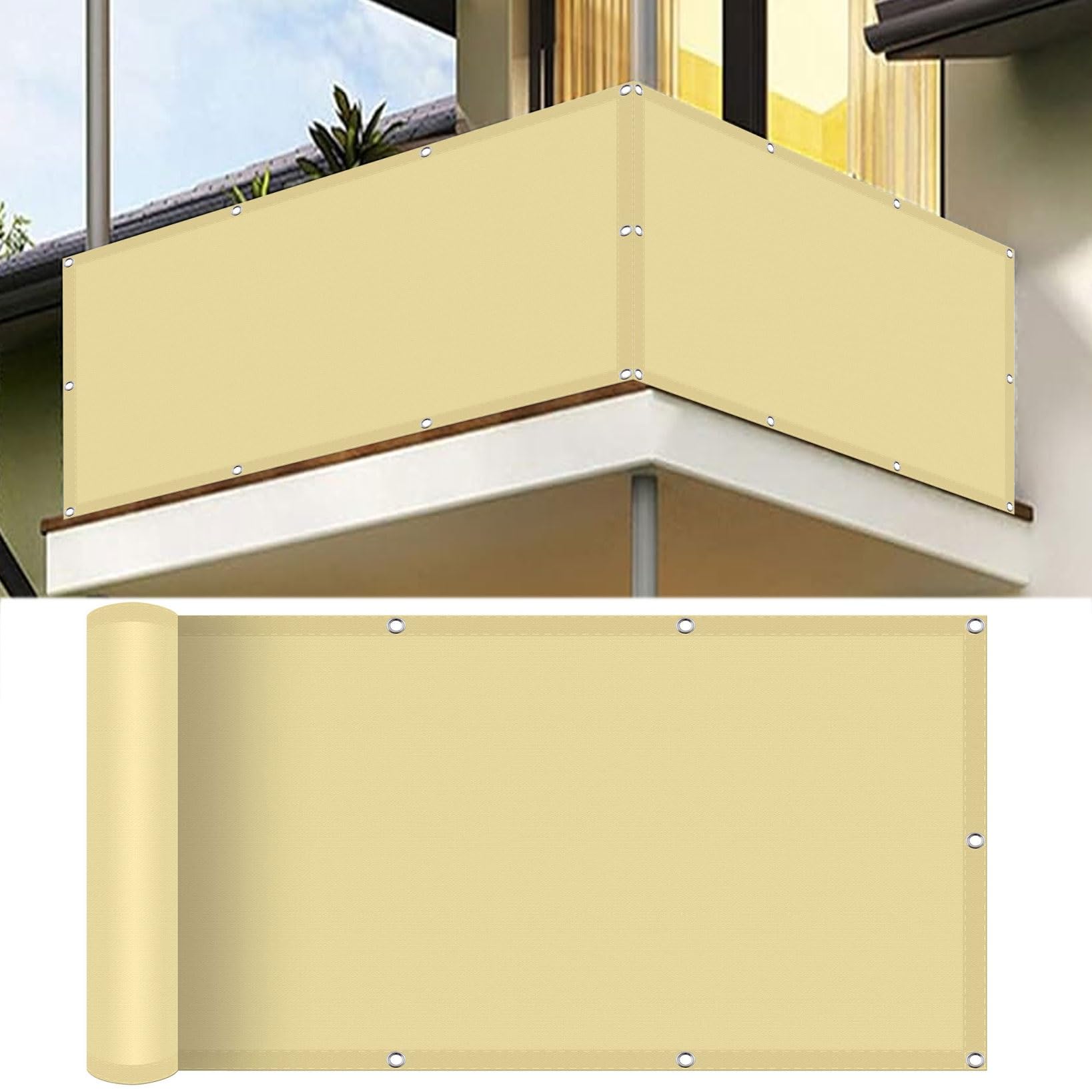 Pantalla para Balcón Impermeable 125 x 425 cm Impermeable, Protección UV Toldo para Balcón Valla Privacidad con Cuerda Libre para Patio Al Aire Libre Apartamento, Patio, Color Crema