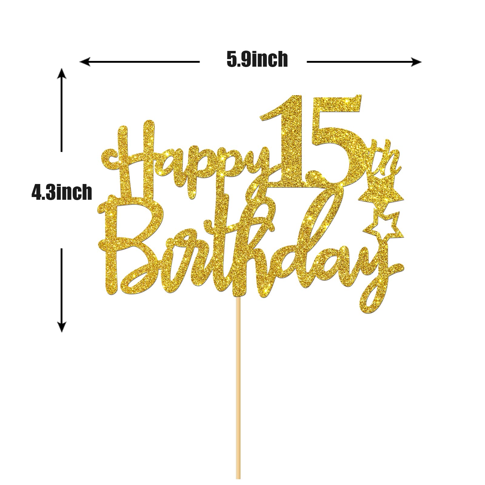 Gold Glitter Happy 15th Birthday Cake Topper - 15 Sign Cake Topper - Cheers to 15 Years Party Supplies - 15th Birthday Party Decoration