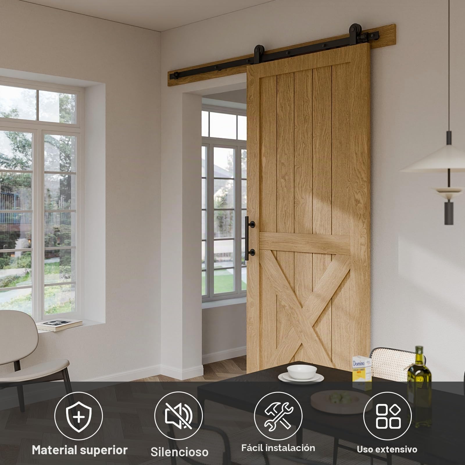 Herraje Para Puerta Corredera, 6FT/182cm, Juego Completo de Rieles Para Puerta Corredera, Negro, Incluye Guía de Suelo Ajustable