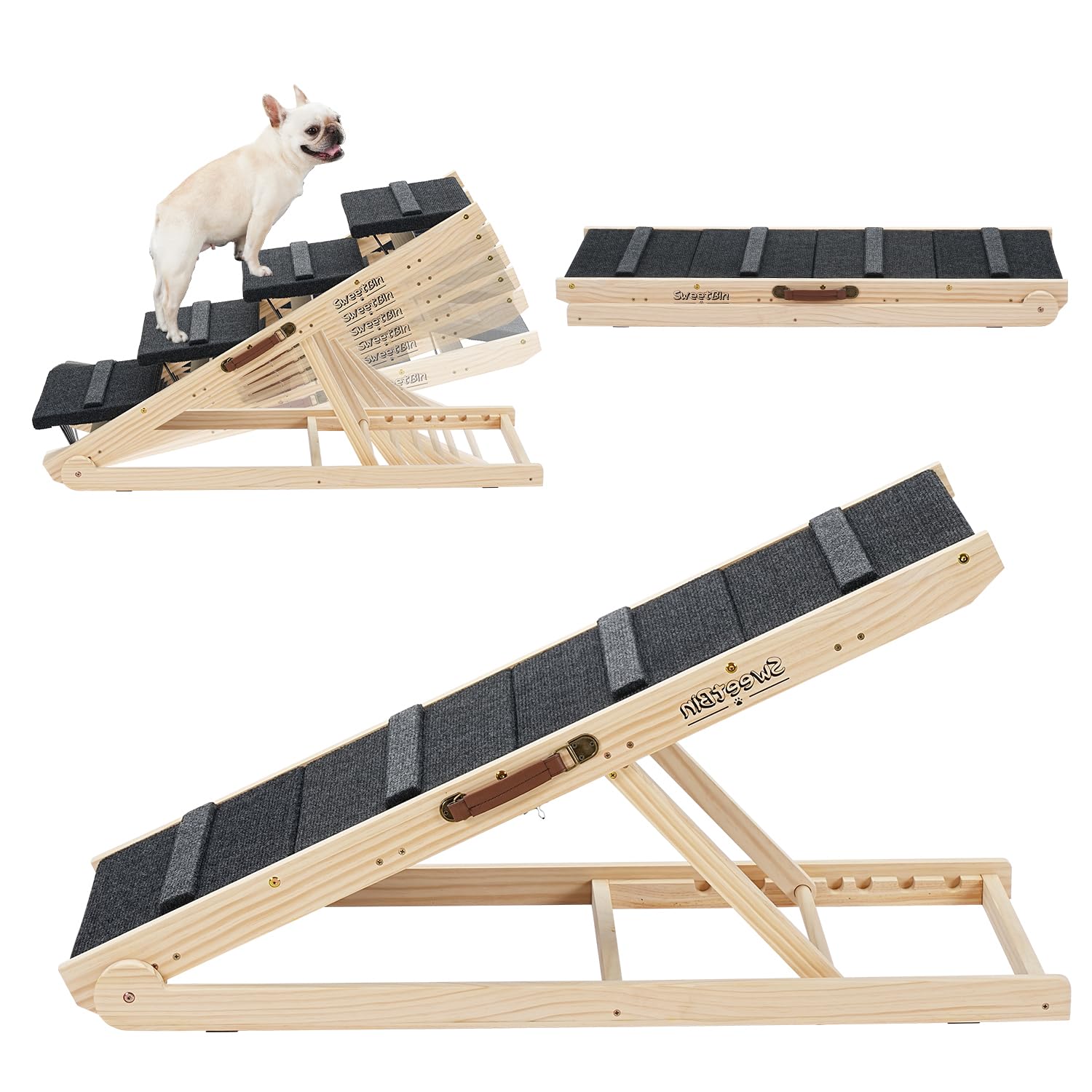 Dog Ramp for Bed - Car Ramp for Dog - 2-in-1 Dog Stairs & Ramp - 45.3" Long Adjustable 14"-26" Dog Ramps for Small Dogs Medium Dogs - Dog Ramp for Couch, Bed or Sofa, Folding Portable Wooden Pet Ramps