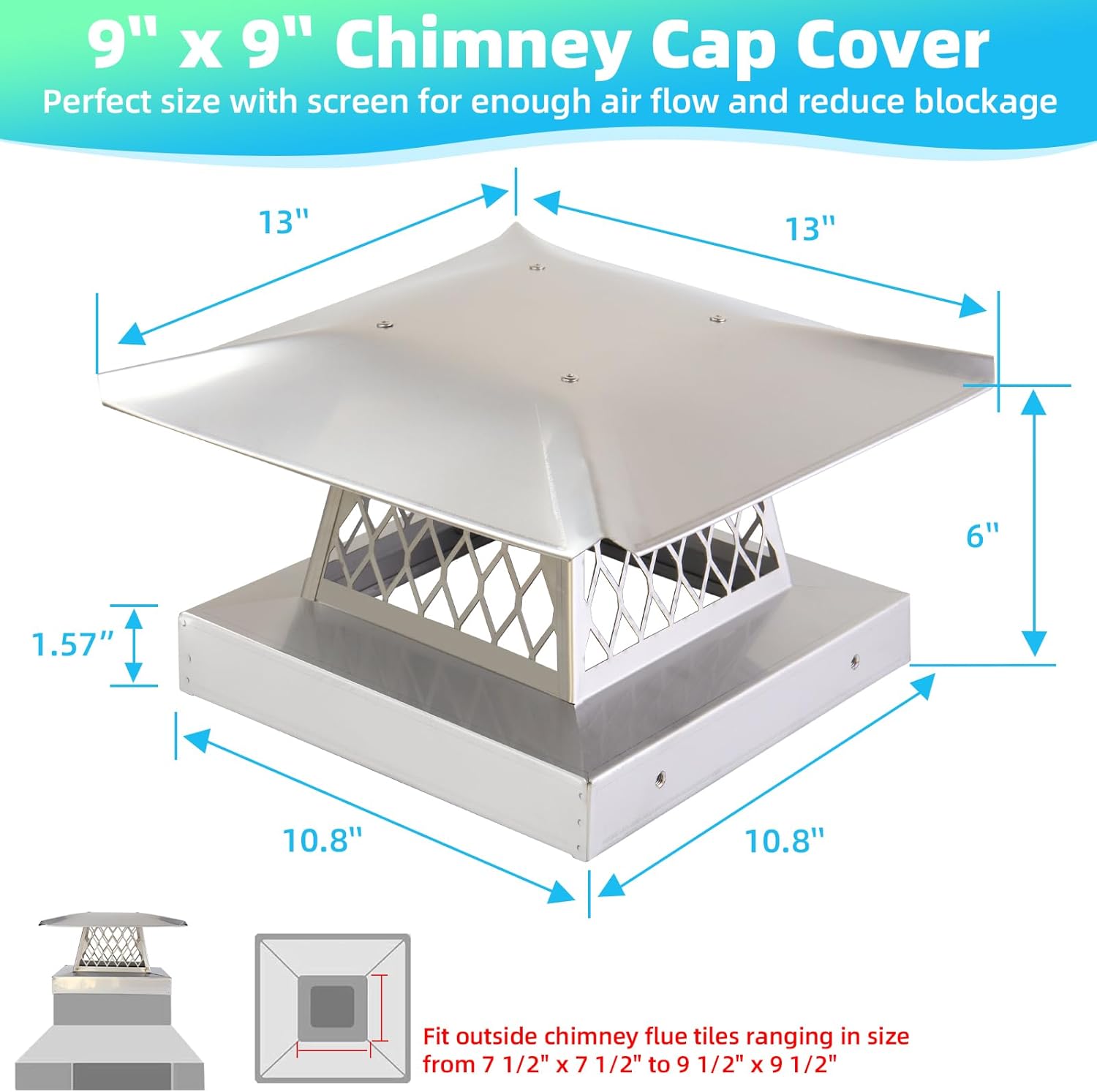 9" x 9" Chimney Cap Chimney Cover,Fireplace Chimney Caps for Outside,Chimney Rain Caps Chimney Flue Cover Chimney Roof Rain Guard on Existing Flue Tile Brick Clay,304 Stainless Steel Chimney Vent Cap