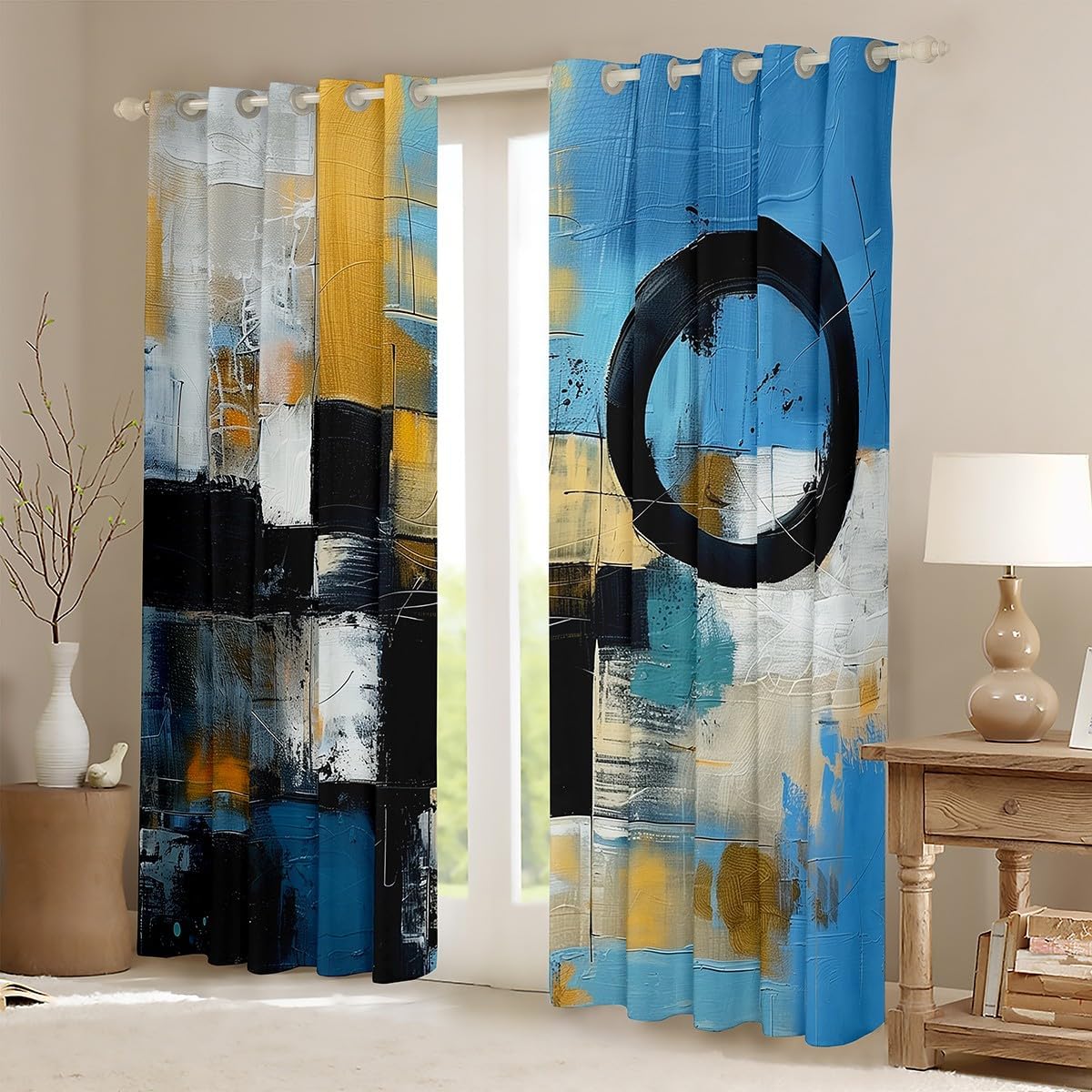 Abstract Painting Curtains for Bedroom Modern Aesthetic Graffiti Window Curtains for Kitchen Office Minimalist Art Room Decor Windows Drapes Blue Black Gold Window Treatments 38x45 Inch,2 Panels