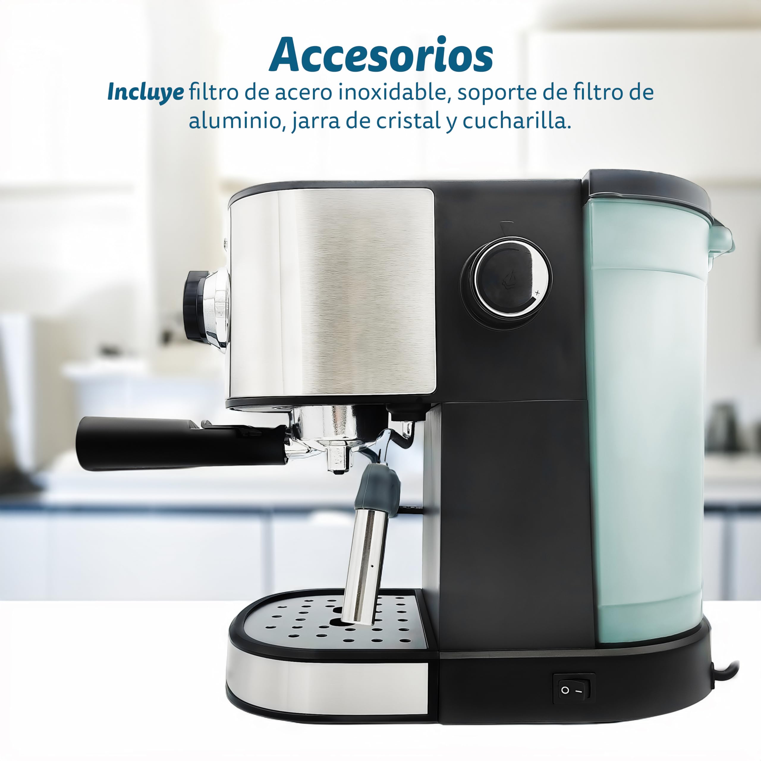Grunkel - Cafetera Espresso de 15 bares presión - CAFPRESO H15 - y Vaporizador orientable y Filtro Doble Salida en acero inoxidable. Bandeja antigoteo y protección Sobrecalentamiento. 1L 850W