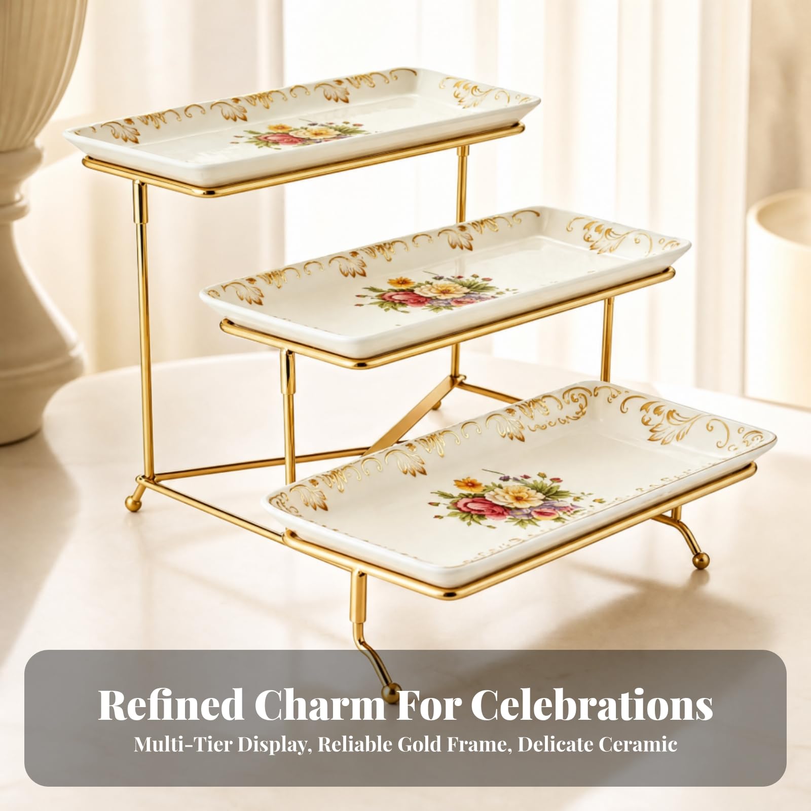 Qianly Alzatina con Vassoi Ceramici e Struttura in Metallo Multiuso Alzatina a Livelli Elegante Servizio Feste, Intrattenimento, Fiori
