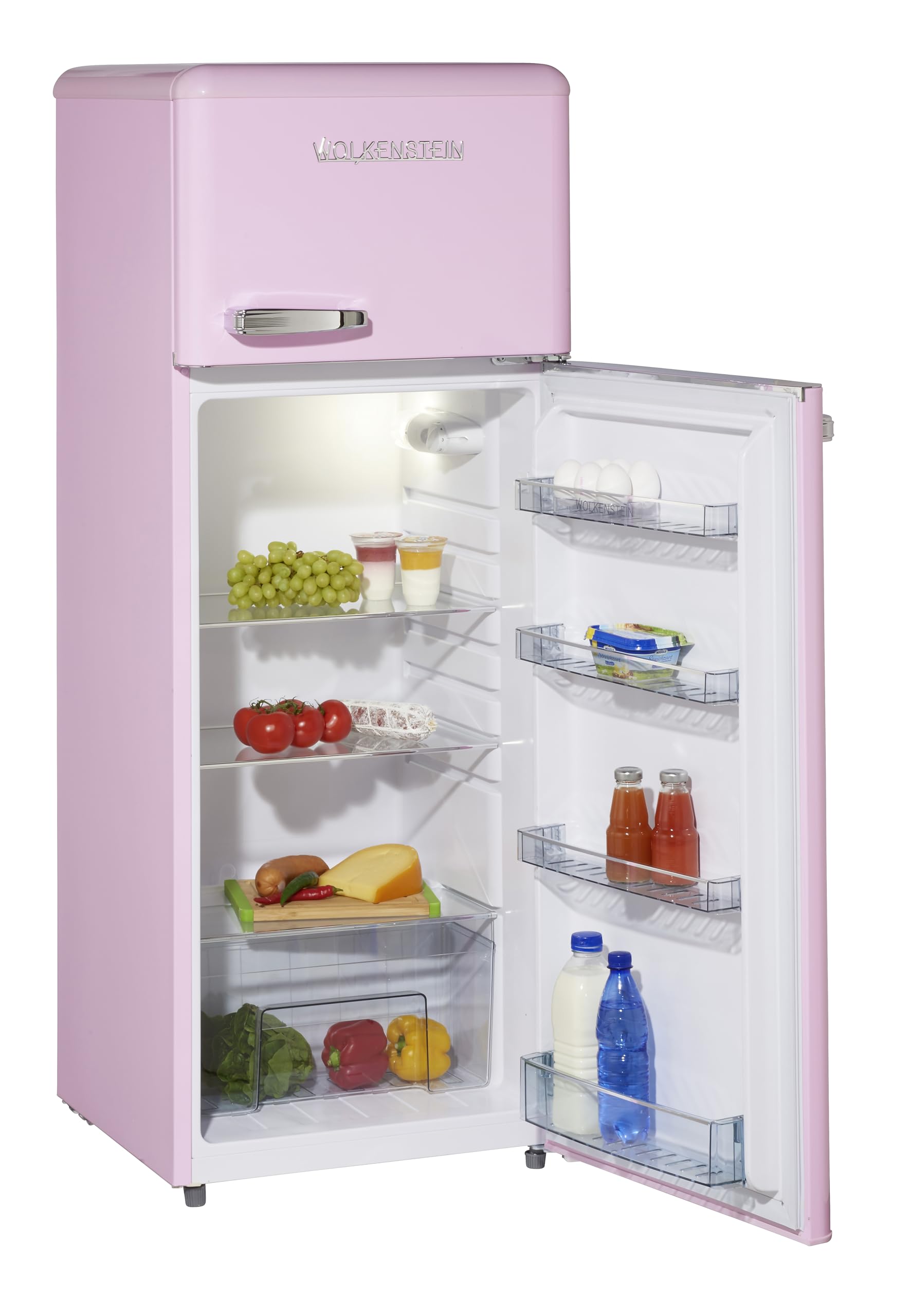 Wolkenstein Retro Kühl-Gefrier-Kombination Pink Glanz GK212.4RT SP | 211 Liter | Nostalgie Design Kühlschrank | 39 Liter 4 Sterne Gefrierfach | LED-Beleuchtung | Silber Applikationen