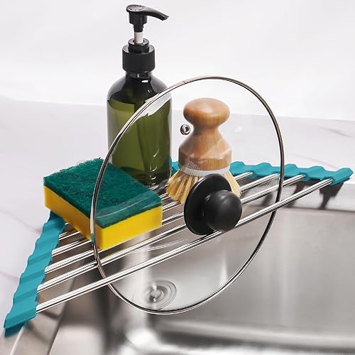 Miniatura 8 de Tomorotec Escurridor de platos enrollable triangular para esquina del fregadero, pequeño, plegable, de acero inoxidable sobre el fregadero,
