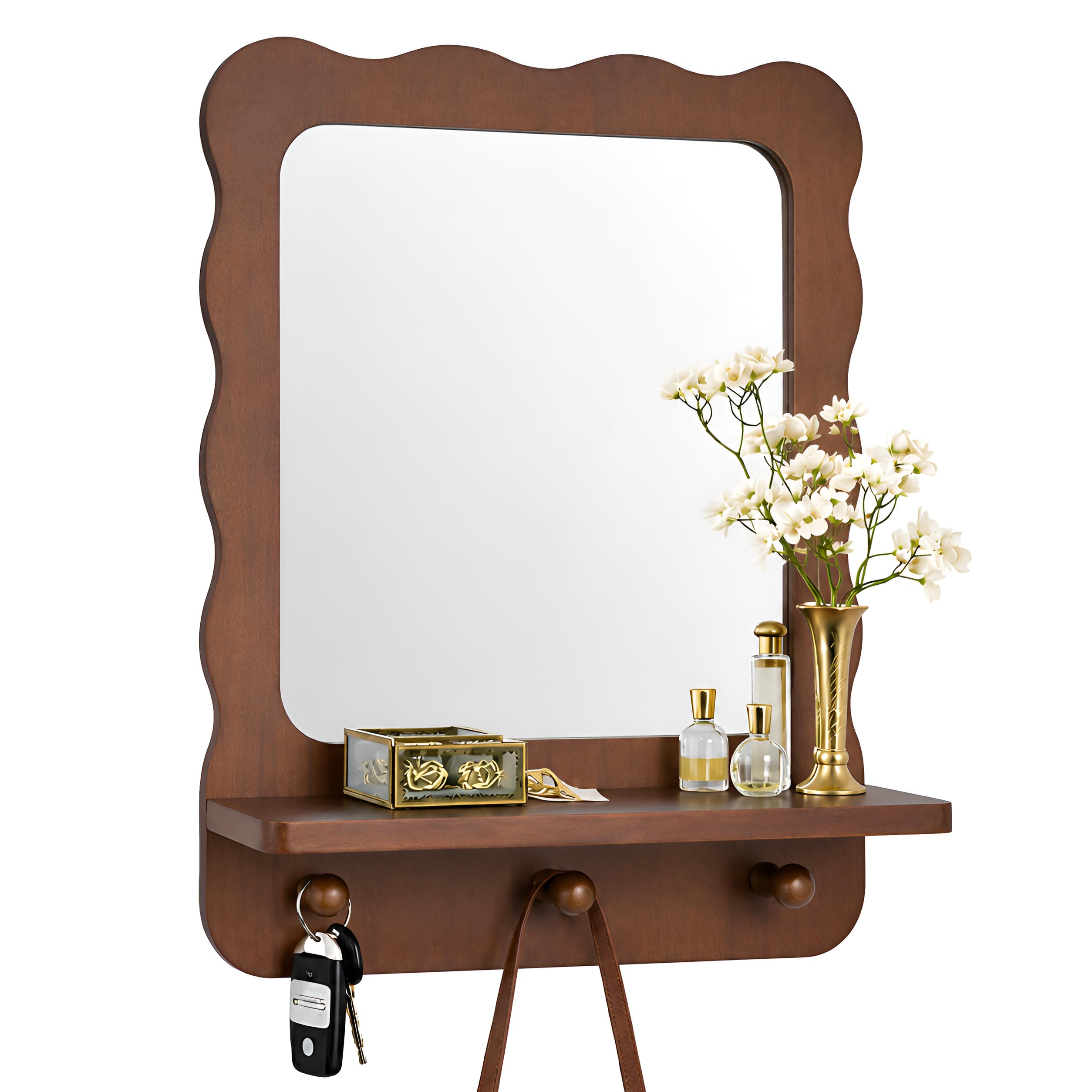 LYRIMEAI Wood Wall Mount Mirror with Shelf and 3 Hooks, 40 x 30cm Modern Scallop Decorative Entryway Mirror for Living Room, Bathroom, Bedroom, Vanity, Brown