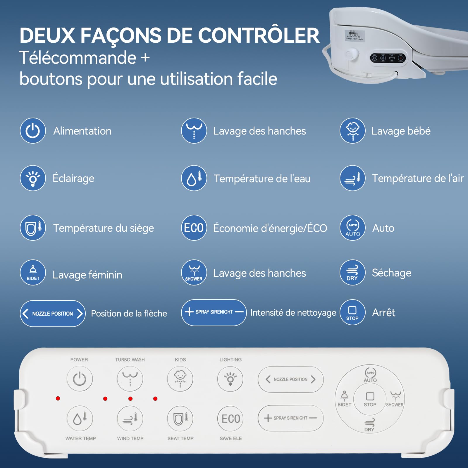 YOURLITE Siège de Toilette Intelligent,Abattant WC Japonais électrique,Siège Toilette Japonaise,Bidet Chauffant avec Buse,Frein de Chute,Séchage,Veilleuse,Télécommande,Forme V,Blanc