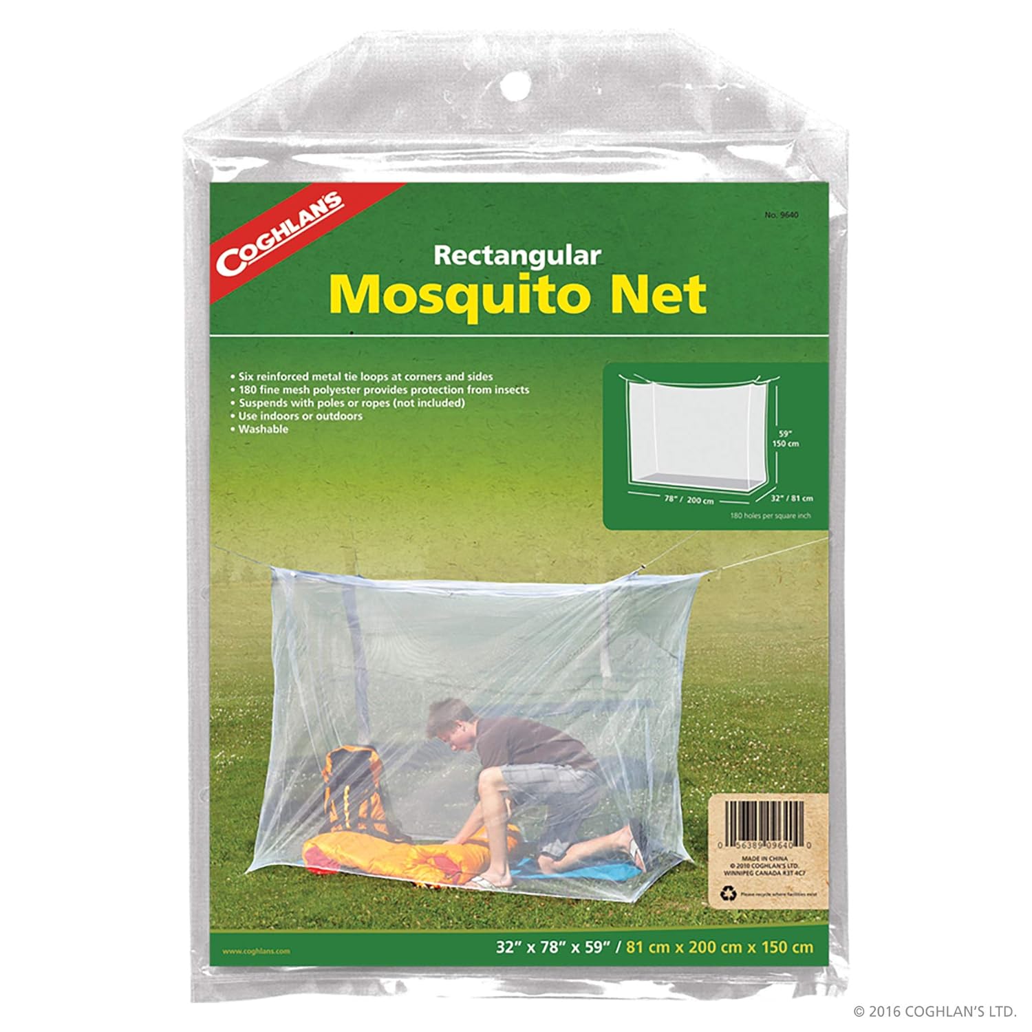 Coghlan's Rectangular Mosquito Net – Lightweight Mesh Canopy for Camping, Travel, and Outdoor Use – Includes Tie Loops, Carry Bag, Twine, Hooks, Anchors, Nails – Green, 78" x 32" x 59"
