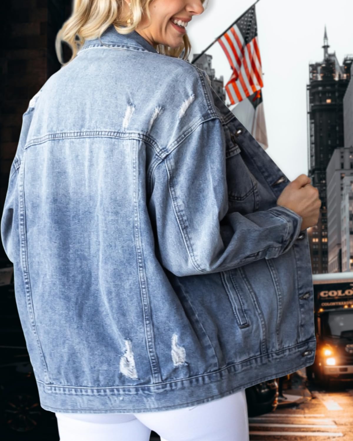 Women's Oversized Drop Shoulder Denim Jacket Distressed Ripped Casual Coat - image 4