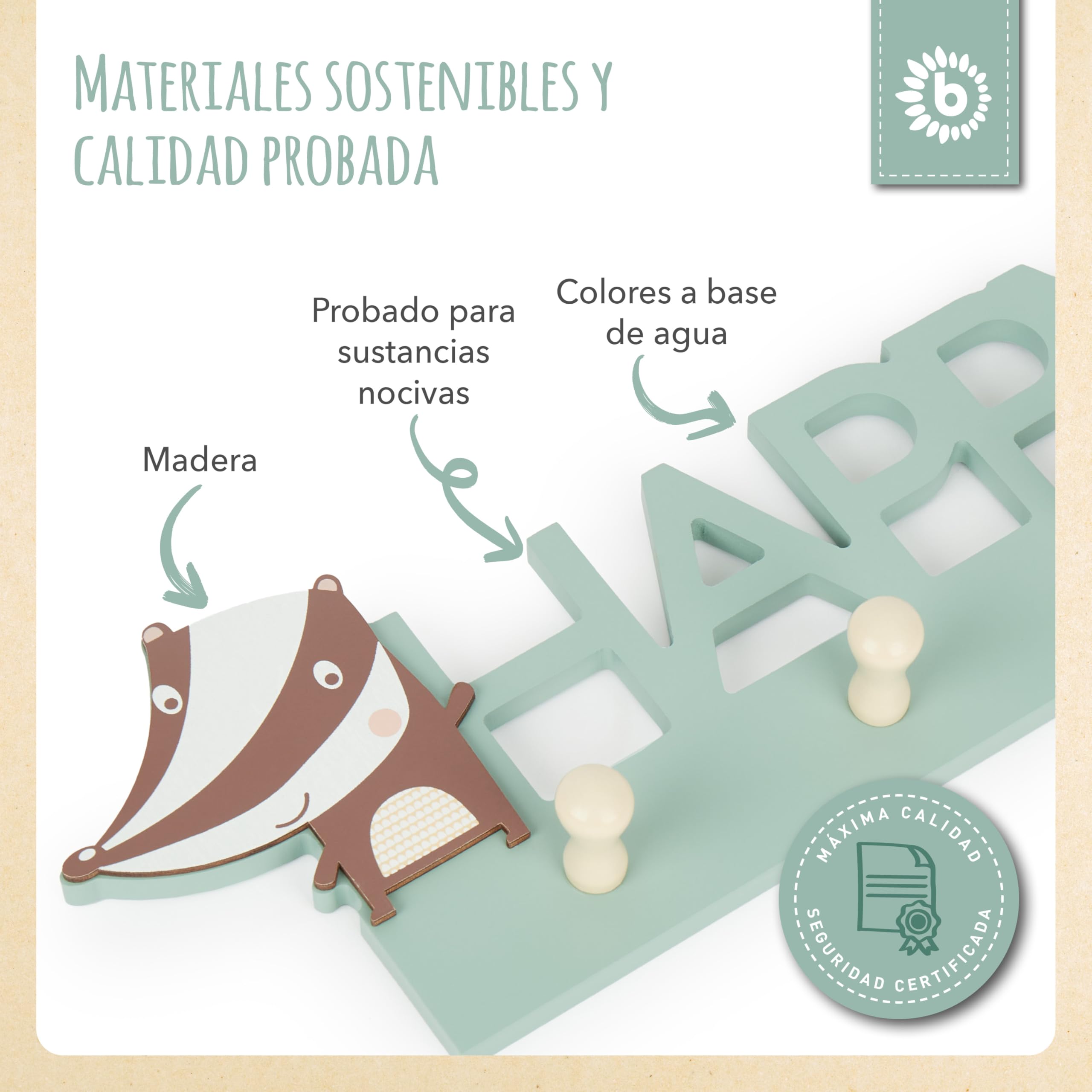 BIECO Garderobe Kinder Happy | Perchero Infantil Madera | Ganchos | Perchero Pared Madera | Colgador Ropa Infantil | 30 cm | 3 Ganchos |