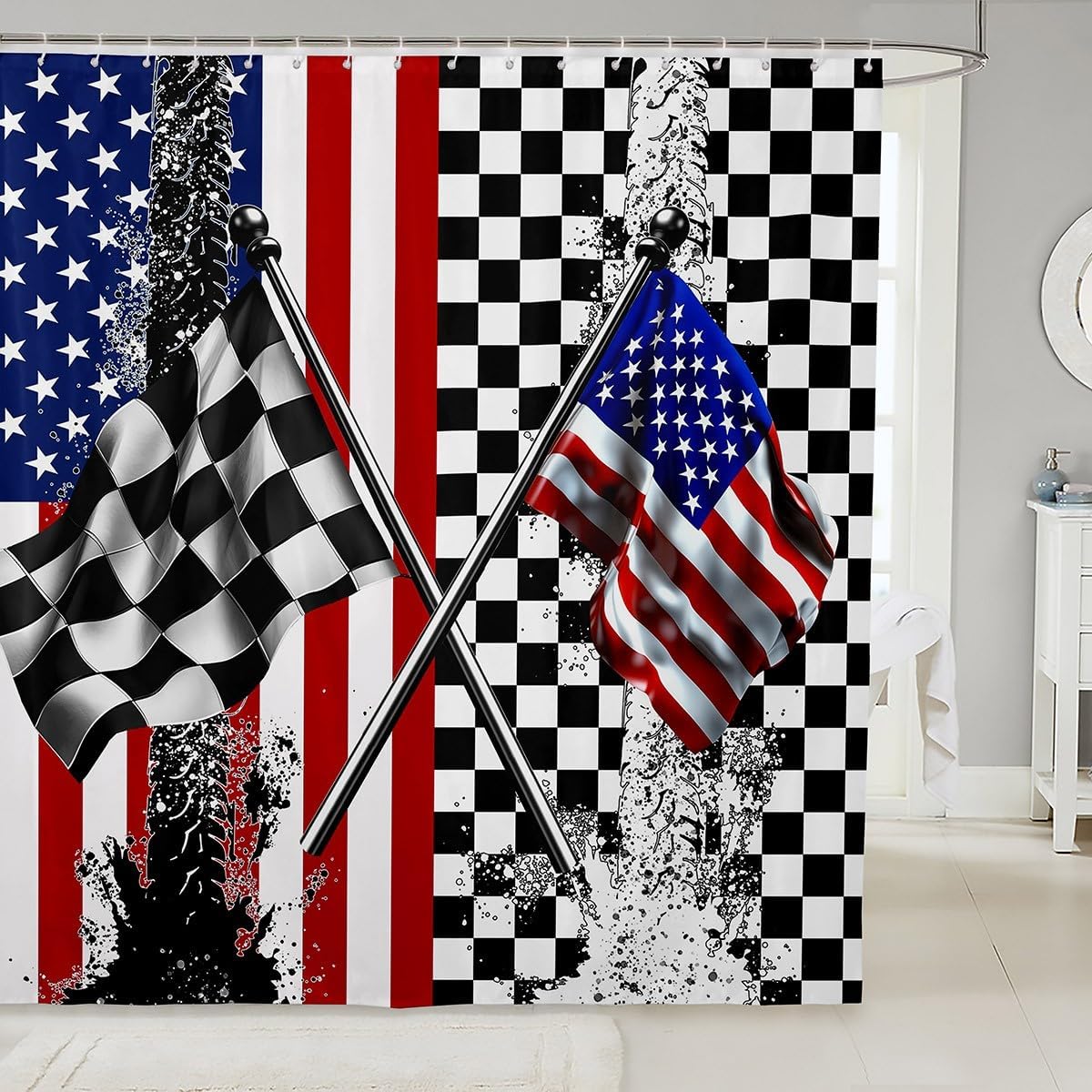 American Flag Shower Curtain,Racing Car Black White Checkered Flag Bath Curtain with 12 Hooks,Abstract Sports Geometric Waterproof Bathroom Accessories for Bathtublet, 72Wx84L inch