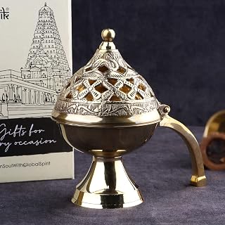 SATVIK 1 Pc Pure Brass Antique Incense Holder Large Dhuni Burner with Long Brass Handle Handheld Puja Dhuna Agarbatti Dhoop Pot Dhuni Stand Indian Diwali Festive Housewarming Return Gift Items Bulk
