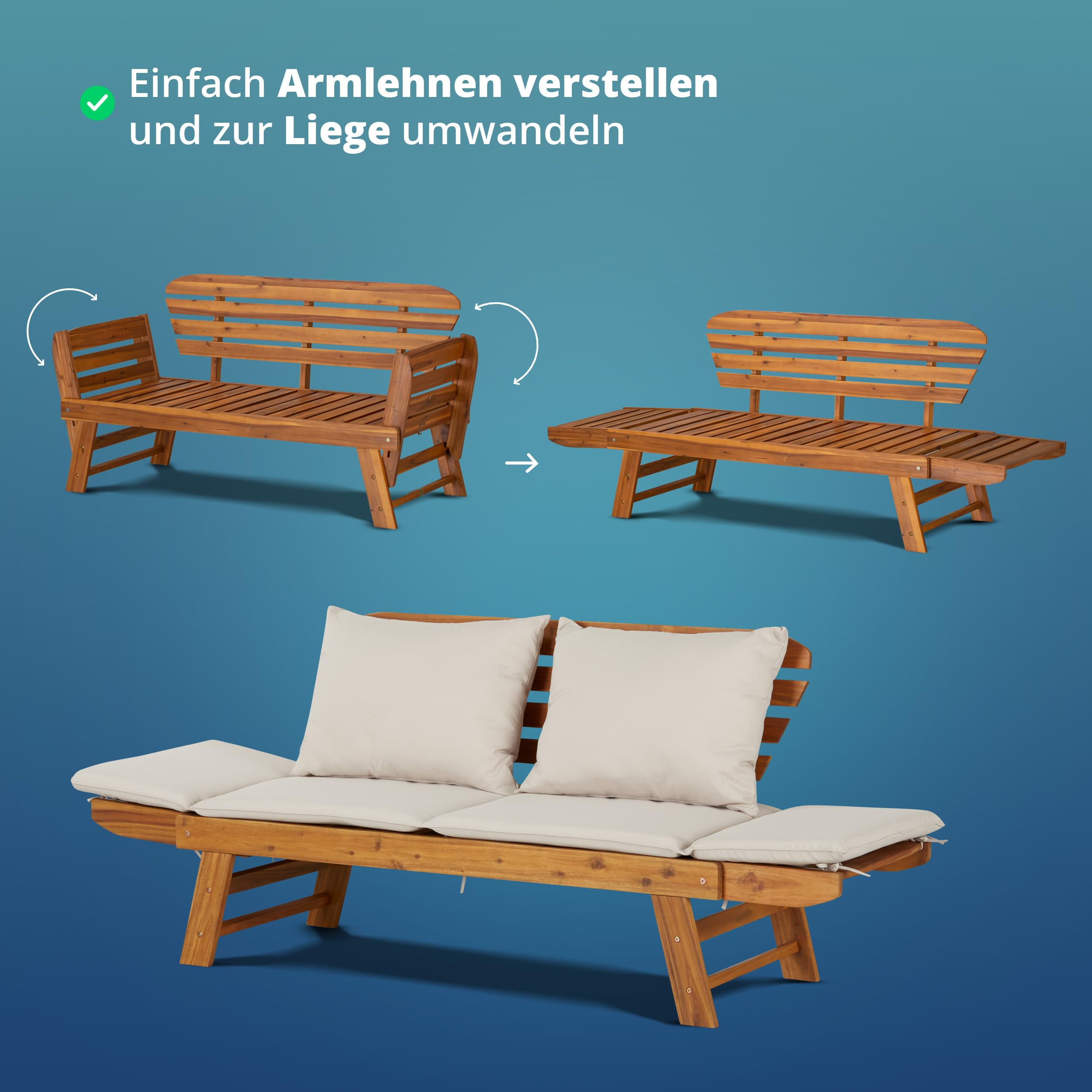 KHG Gartenbank Akazie geölt, Daybed, Sonnenliege, Lounge-Set Gestell Braun klappbar, abnehmbare Auflagen aus Polyester Hellgrau, wetterfest, 260 kg belastbar