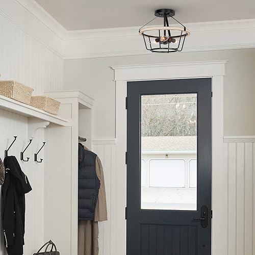 Miniatura 6 de Kira Home Palmer - Lámpara de techo semiempotrada rústica de 12.5 pulgadas, 3 luces, estilo rústico de madera de fresno blanco + acabado negro