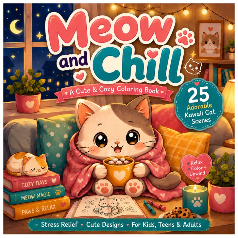 Meow and Chill | A Cute and Cozy Coloring Book: 25 Adorable Kawaii Cat Scenes