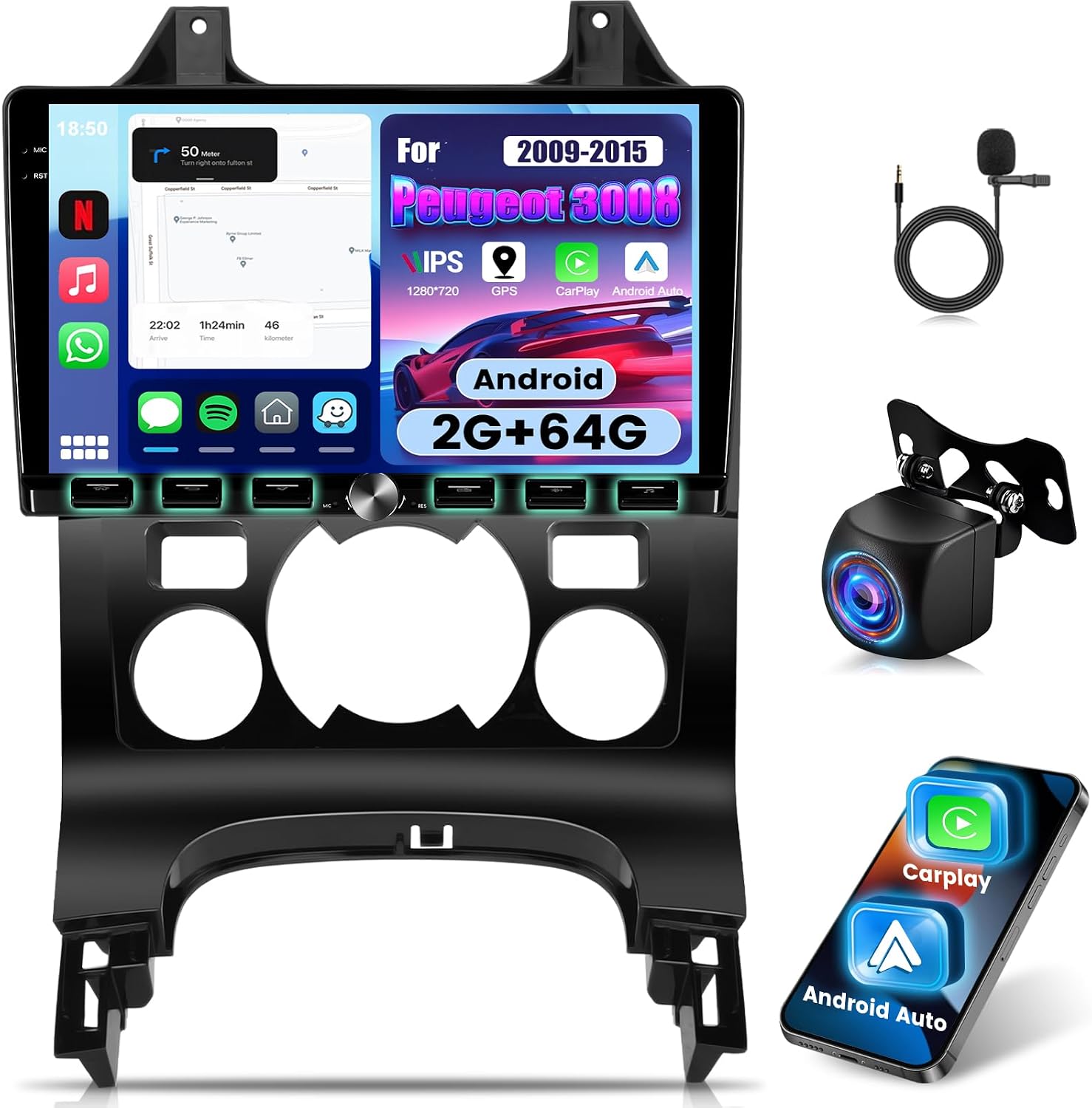 2G+64G Car Radio for Peugeot 3008 2009-2015 9 Inch Android Touch Screen Equalizer CarPlay Android Car Remote Control Bluetooth 5.0 and WiFi