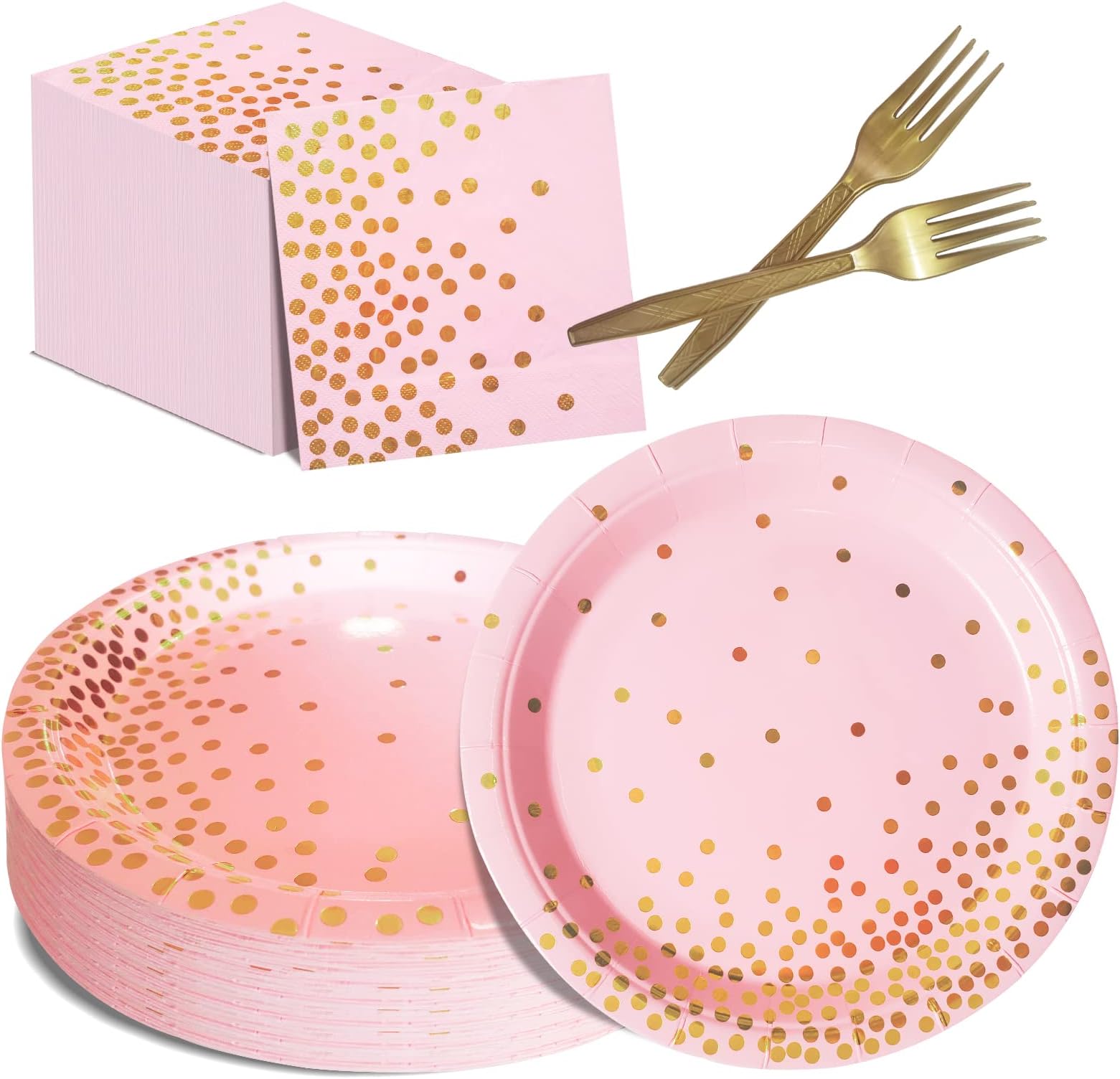 PATPROPS Pink and Gold Party Supplies,105 PCS Disposable Party Paper Plates,Pink Paper Plates Napkins and Forks for Birthday Wedding Baby Shower Party Decorations