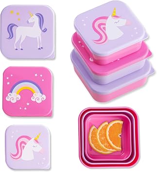 Wildkin Set of 3 Kids Nesting Food Containers for Girls Stackable, Airtight & BPA-Free Snack Containers, Dishwasher Safe Lunch Box Containers for School & Travel, Ages 312 Unicorn