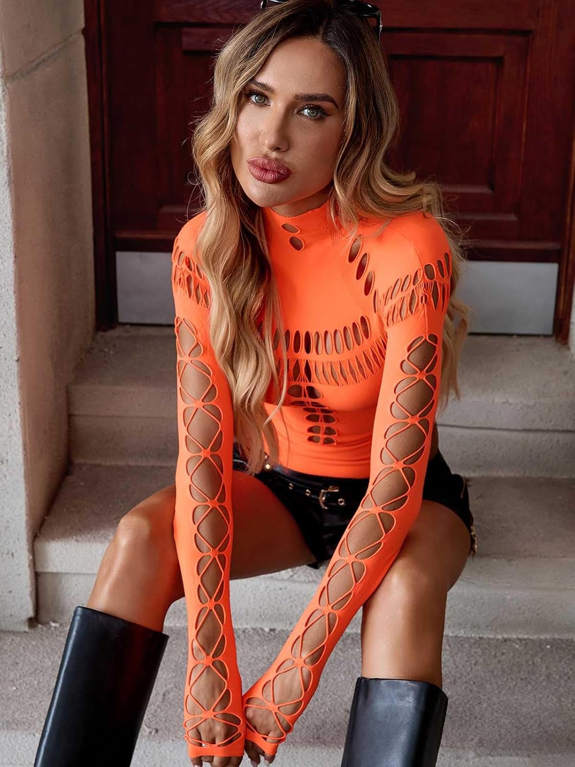 Women's Sexy Cutout Turtleneck Long Sleeve Bodysuit Tops Seamless Mesh Snap Crotch Thong Bodysuits - Image 4