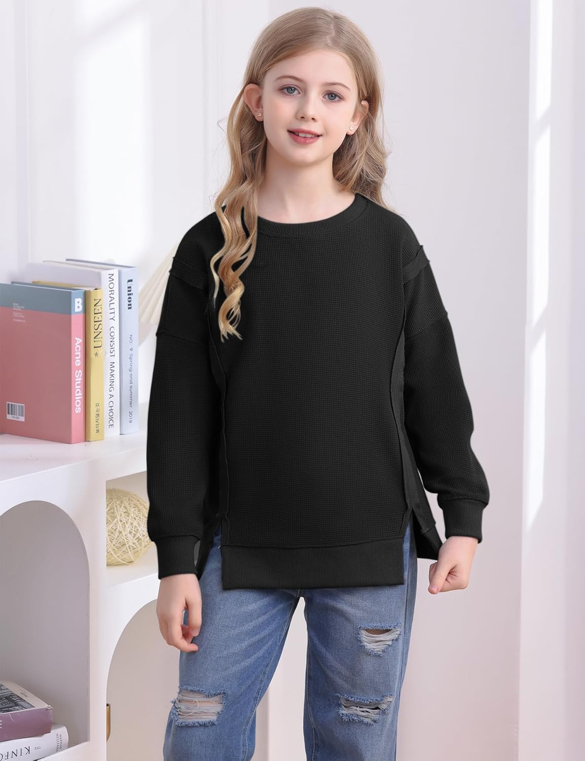 Floral Find Girls Casual Crewneck Long Sleeve Waffle Sweatshirt Side Split Loose Pullover Top - Image 2
