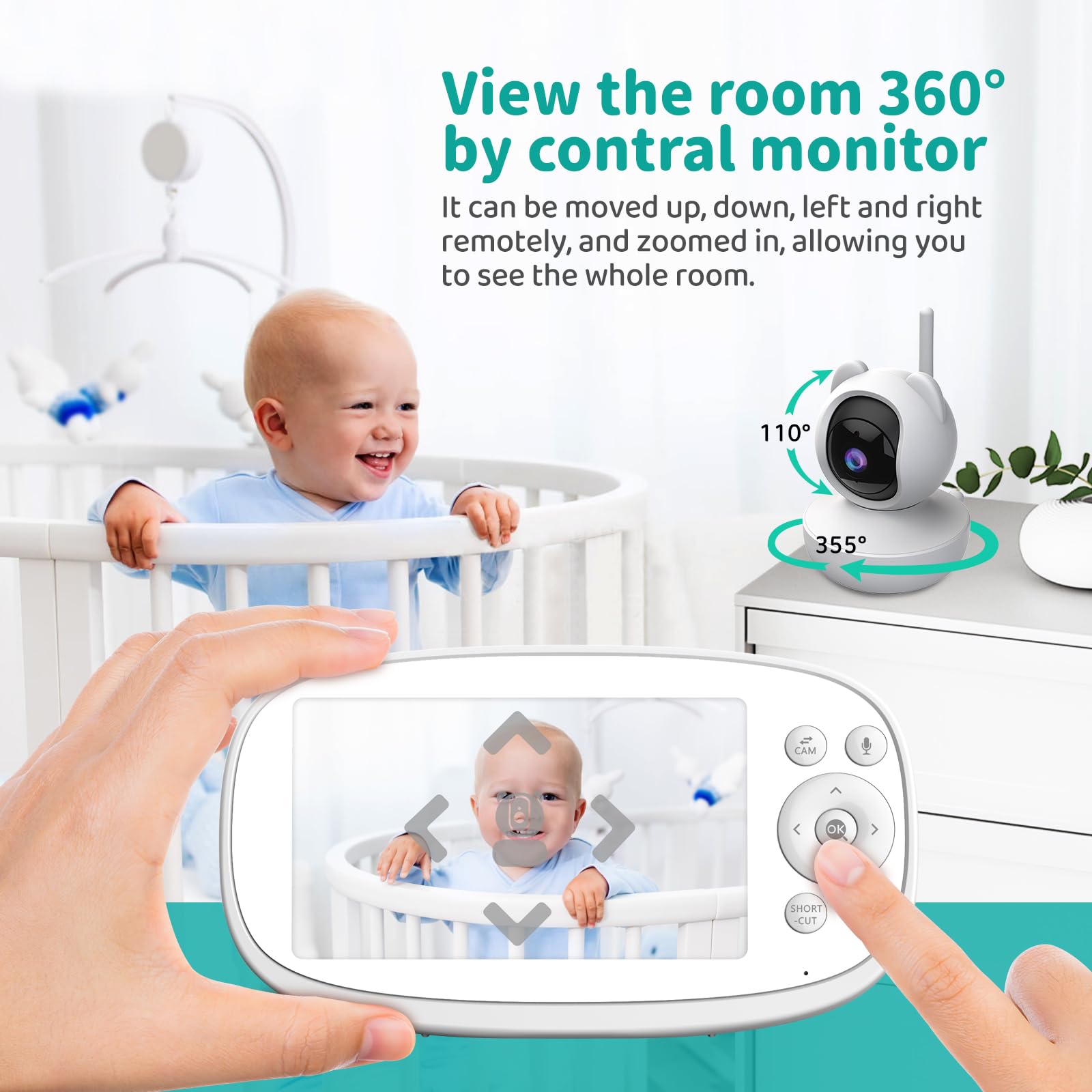 Babyphone con fotocamera, 5,5 pollici, 1080P IPS Baby Monitor con batteria da 5000 mAh, tracking mobile, allarme di sicurezza, visione notturna HD, modalità VOX, zoom 5x, audio a 2 vie
