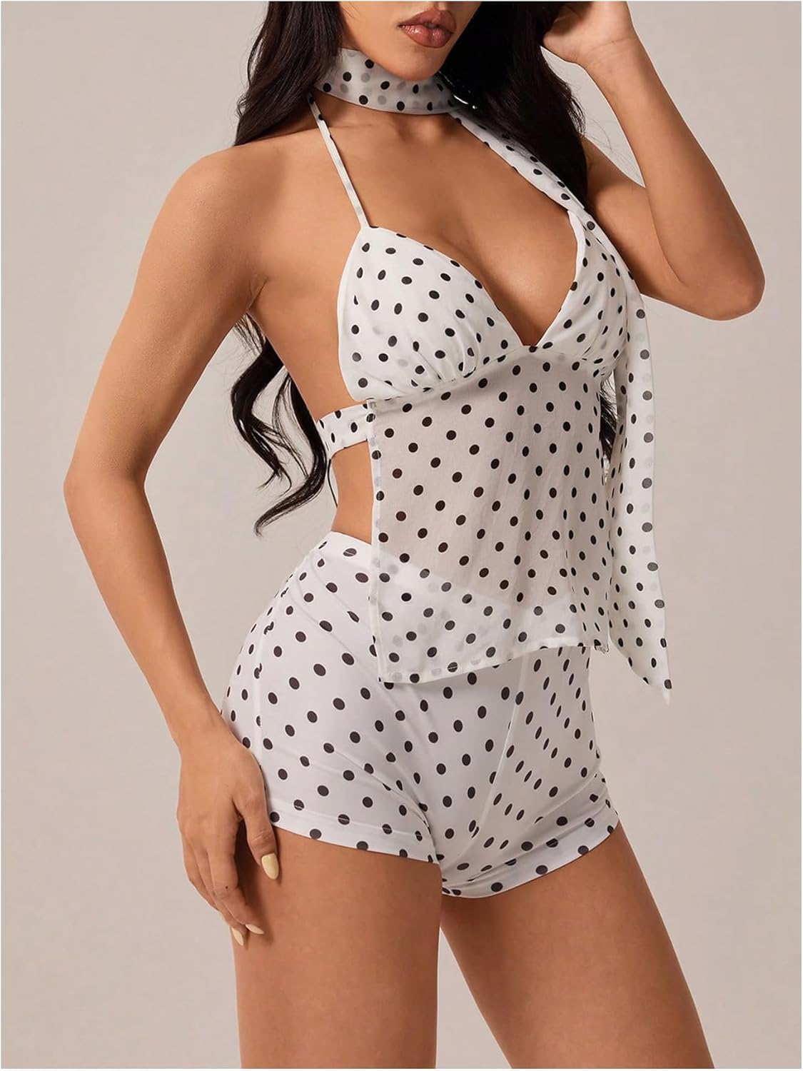 SOLY HUX Women's 2 Piece Going Out Outfits Y2k Polka Dots Halter Camisole Tops and Mini Shorts Matching Set with Scarf