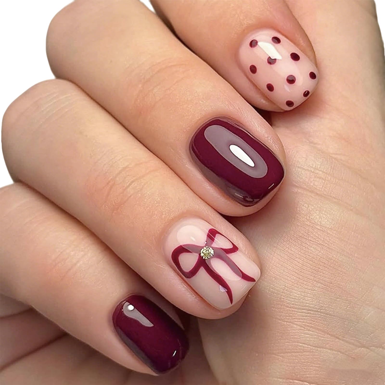 Fake Nails Short Press On Nails Red Nails Cute Nails, Quick Application for Daily Wear and Special Occasions, 24Pcs Wine Red Polka Dot Bow Design Short Square Press On Nails-image-4