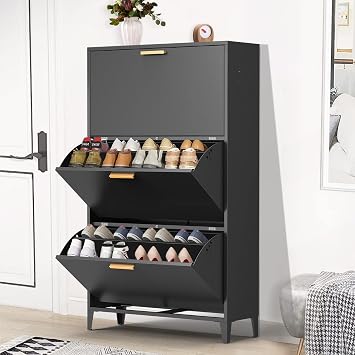 Shoe Cabinet with 3 Flip Drawers, Metal Shoe Storage for Entryway, Wall-Mounted/Floor Mount Shoe Cabinet, Metal Legs-Great for Sneakers, Heels, Boots and Plus Size Shoes Black
