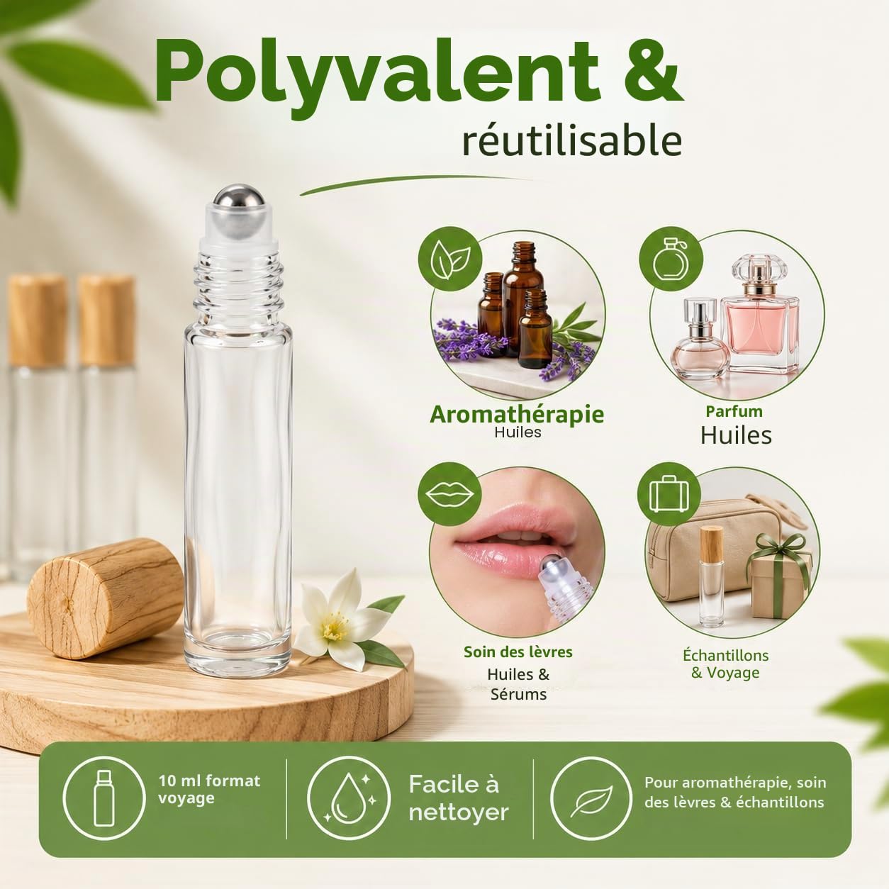 CYEER 24 Flacons Roll On Vide 10ml, Bouteilles en Verre Transparent avec Billes en Acier Inox et Bouchons Aspect Bois, Kit DIY pour Huiles Essentielles, Parfum, Aromathérapie et Voyage