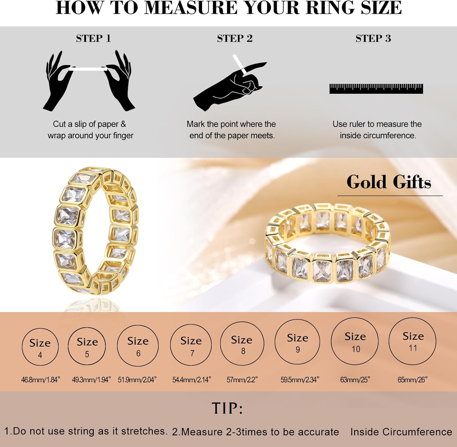 Cubic Zirconia Engagement Rings for Women Emerald Cut Baguette Fake Wedding Band Gold Plated Eternity Promis Ring Size 4-9 - Image 5