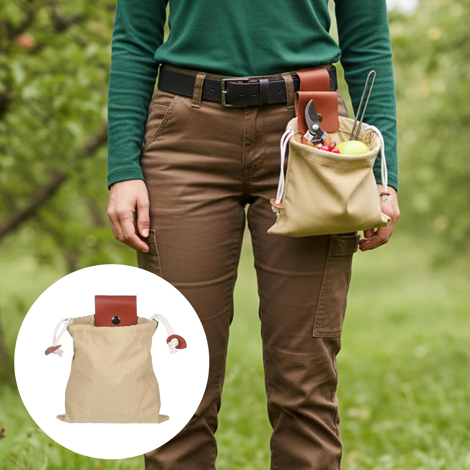 Foraging Pouch, Foldable Foraging Bag Outdoor Waxed Canvas Picking Fruit Drawstring Pouch Multi-Purpose Leather Belt Bag for Camping Hiking Collecting Mushroom Shells Treasures - Image 5