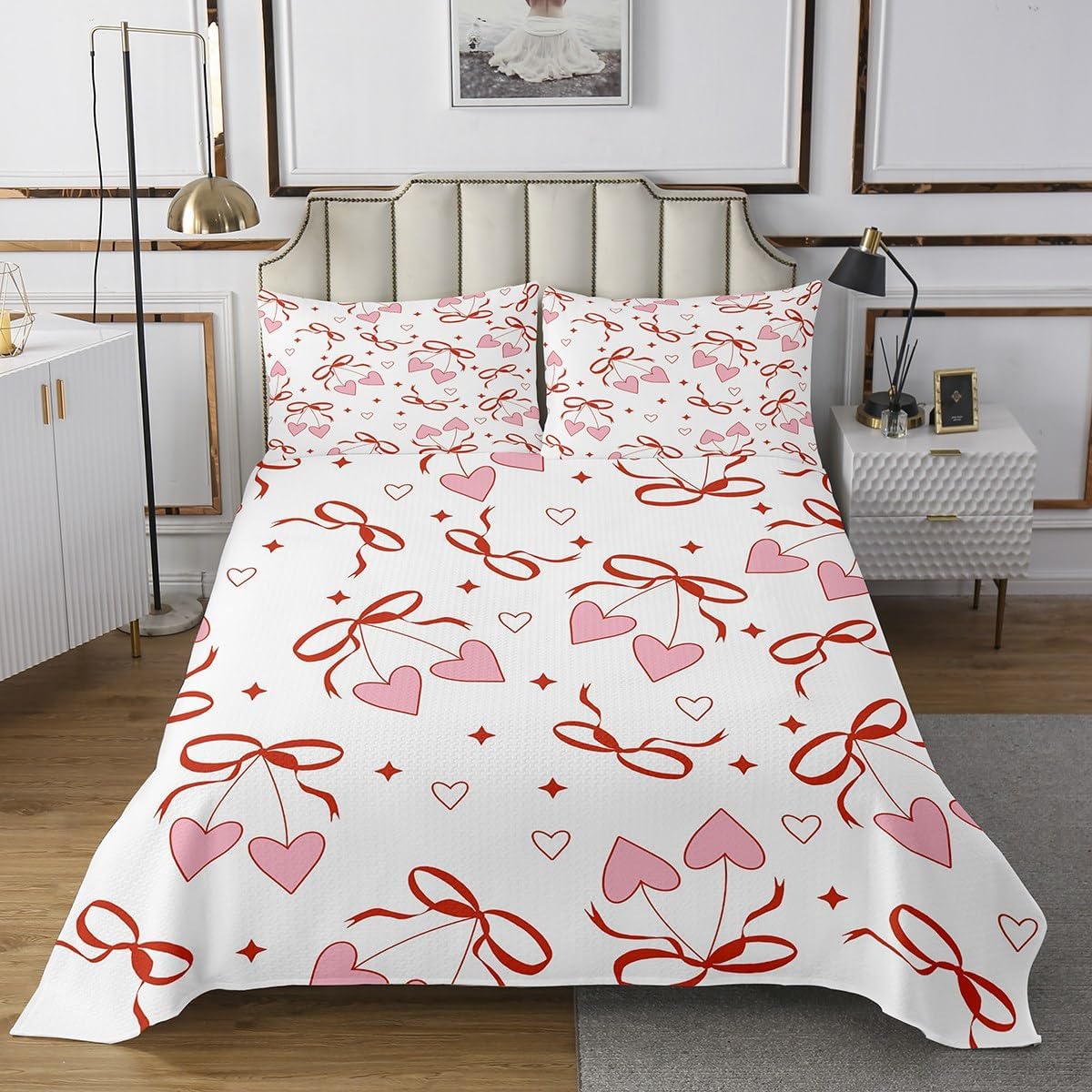 Cartoon Bowknot Quilted Coverlet Girlish Pink Bow Bedspread Queen for Kids Teens Girls Geometric Dots Hearts Decor Bedding Set Princess Style Bedroom Coverlet Sets 3 Pieces