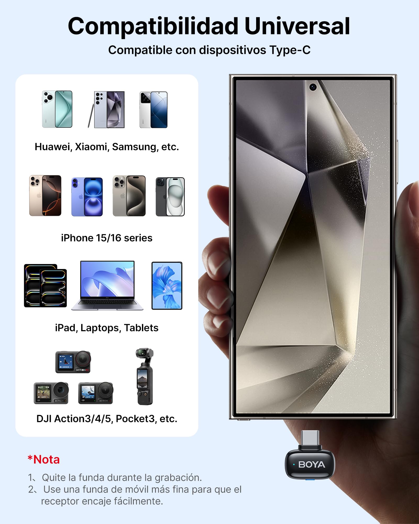 BOYA Mini Microfono Inalambrico (2TX+1RX) para iPhone 15/16, Android, 5g Ultraligero, Micrófono de Solapa, AI Voice Changer, Reducción de Ruido de 3 Niveles, 30h, Microfono Movil con Conector USB-C