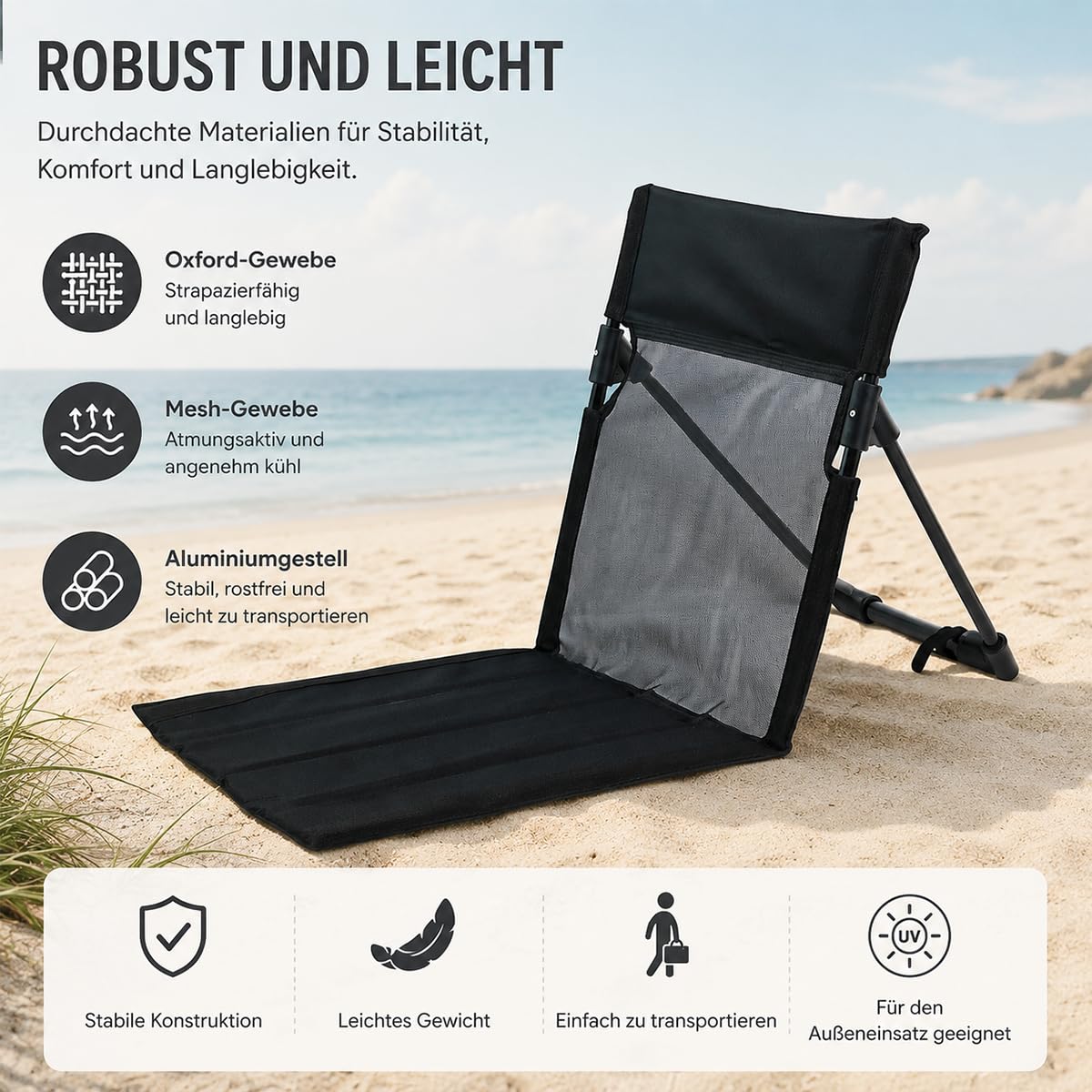Strandsitz Faltbar Leicht, Strandmatte Mit RüCkenlehne, Leichte Strandmatte (Mit Aufbewahrungstasche) Aus Atmungsaktivem Netzgewebe Mit Verstellbarer RüCkenlehne, Geeignet FüR Camping (Cremefarben)