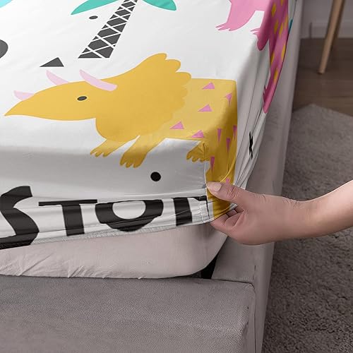 Miniatura 6 de Axolotl Lindo juego de sábanas de dinosaurios de dibujos animados tamaño individual para niñas, juego de ropa de cama de dinosaurios coloridos,