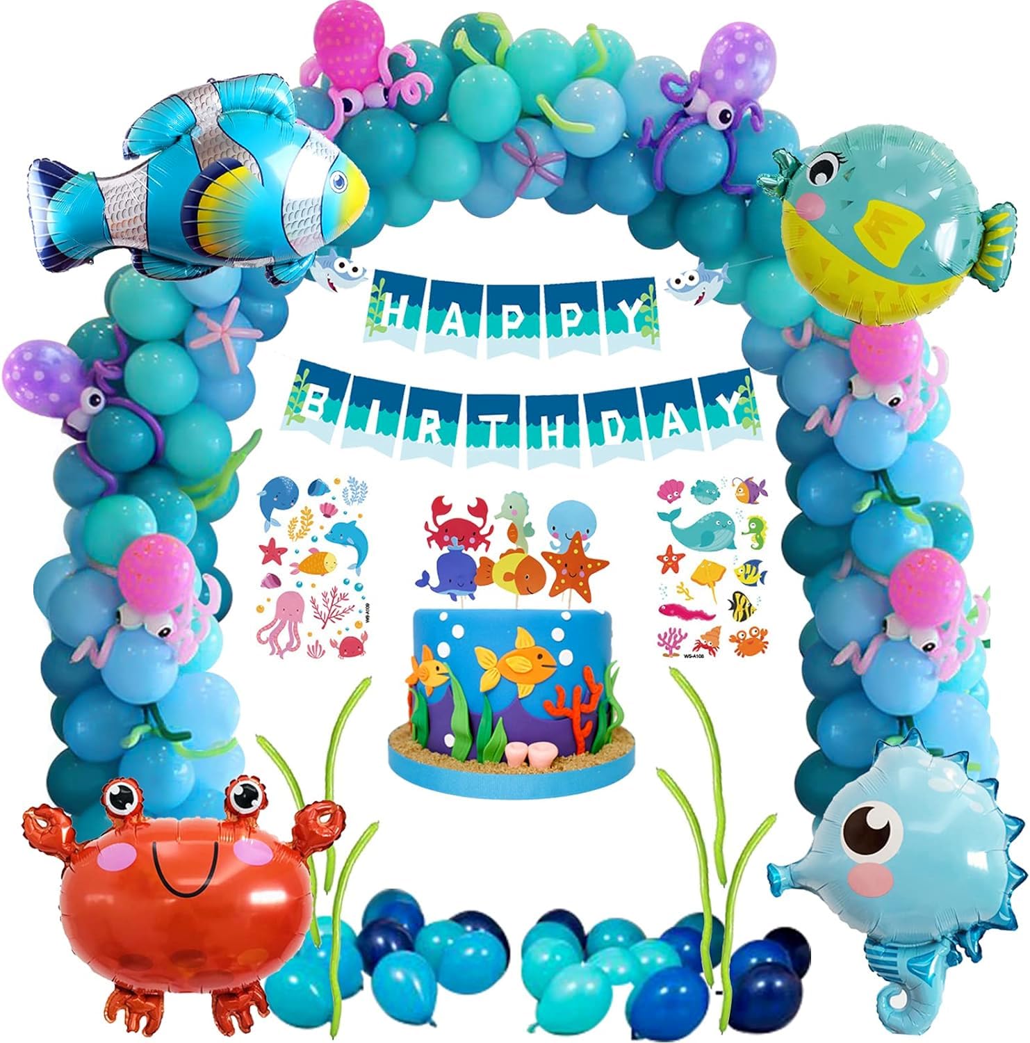 Decorazioni Compleanno Bambini,108pezzi Palloncini Compleanno Tema Mare Kit con Palloncini Animali Marini, Oceano Striscione Buon Compleanno per Addobbi Compleanno Bambino Bimbo Bambina