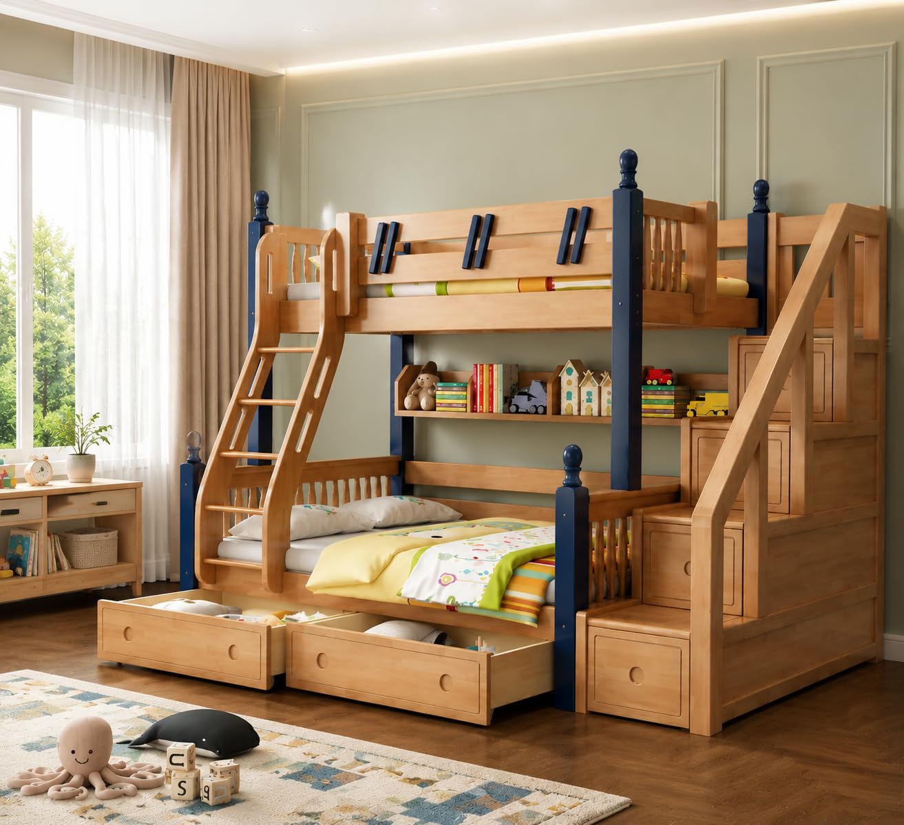 MRT ART Wooden Bunk Bed with Storage | Solid Wood Dual-Tone Full Size Wooden Bed with Stairs and Drawers | Ideal for Kids, Teens and Adults (Brown Finish)