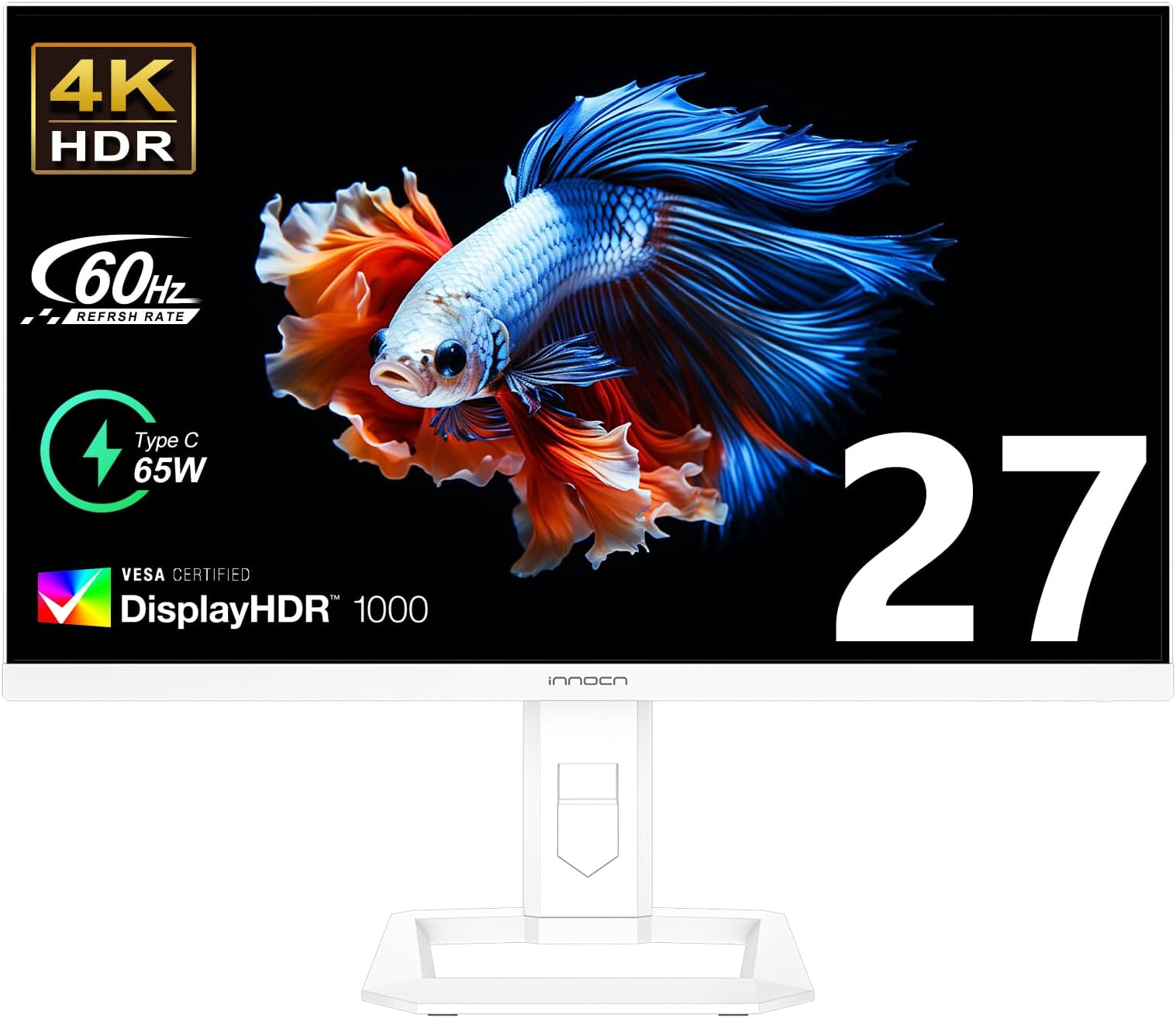 INNOCN 27" Mini LED 4K Monitor, HDR1000, 99% DCI-P3 99% sRGB, 1.07B Colors, IPS, USB-C, HDMI 2.1, DP, Speakers, Auto Brightness, Height Adjustable, Mountable, White