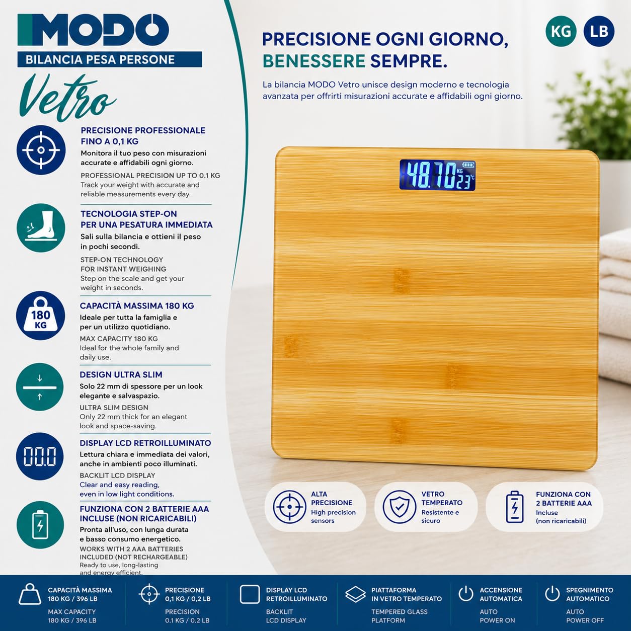 IPEA Bilancia Pesapersone Digitale Ultra Sottile color Legno - Tecnologia STEP ON - Massima Precisione Peso - Design Elegante in Vetro Temperato - Display Misurazione precisa 0,1 KG - Max 180Kg