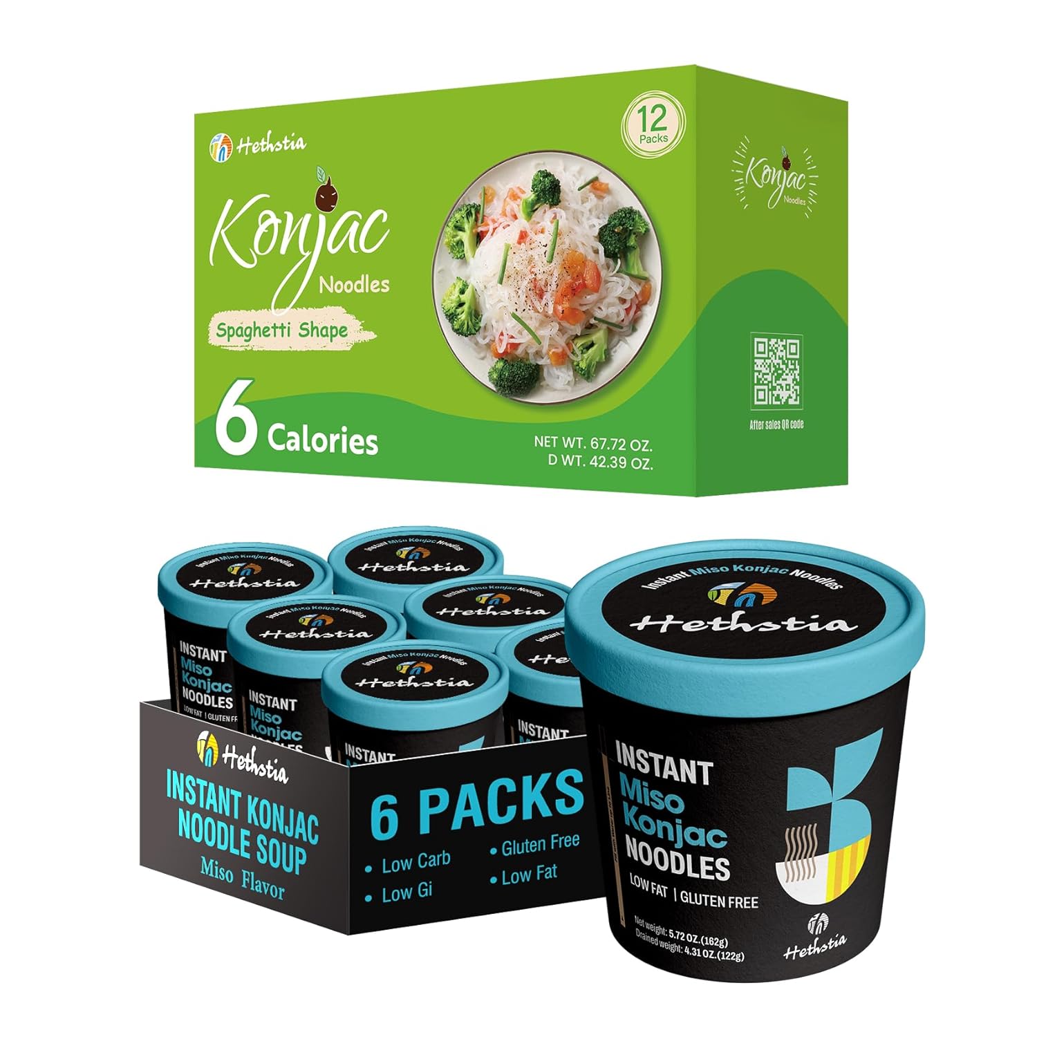Hethstia Konjac Noodles Instant Miso Soup Cup, Gluten-Free Shirataki Angel Hair Pasta, Low Carb Miracle Noodles Miso Broth + Keto Shirataki Noodle Spaghetti, Low Carb, Vegan, Gluten Free, Healthy Diet