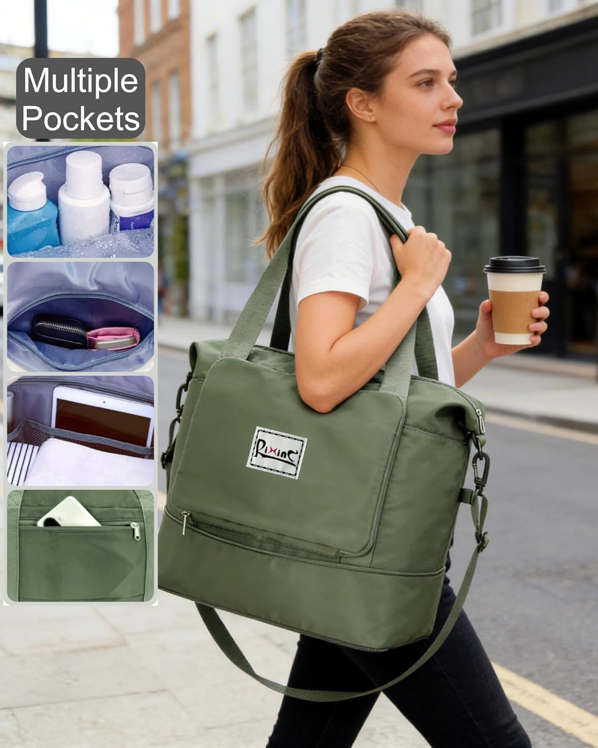 Foldable Travel Bag, 40L Duffle Bag for Travel with Multiple Pockets, Expandable Gym Carry On Bag, Overnight Weekender Bags for Women (Olive green) - Image 2