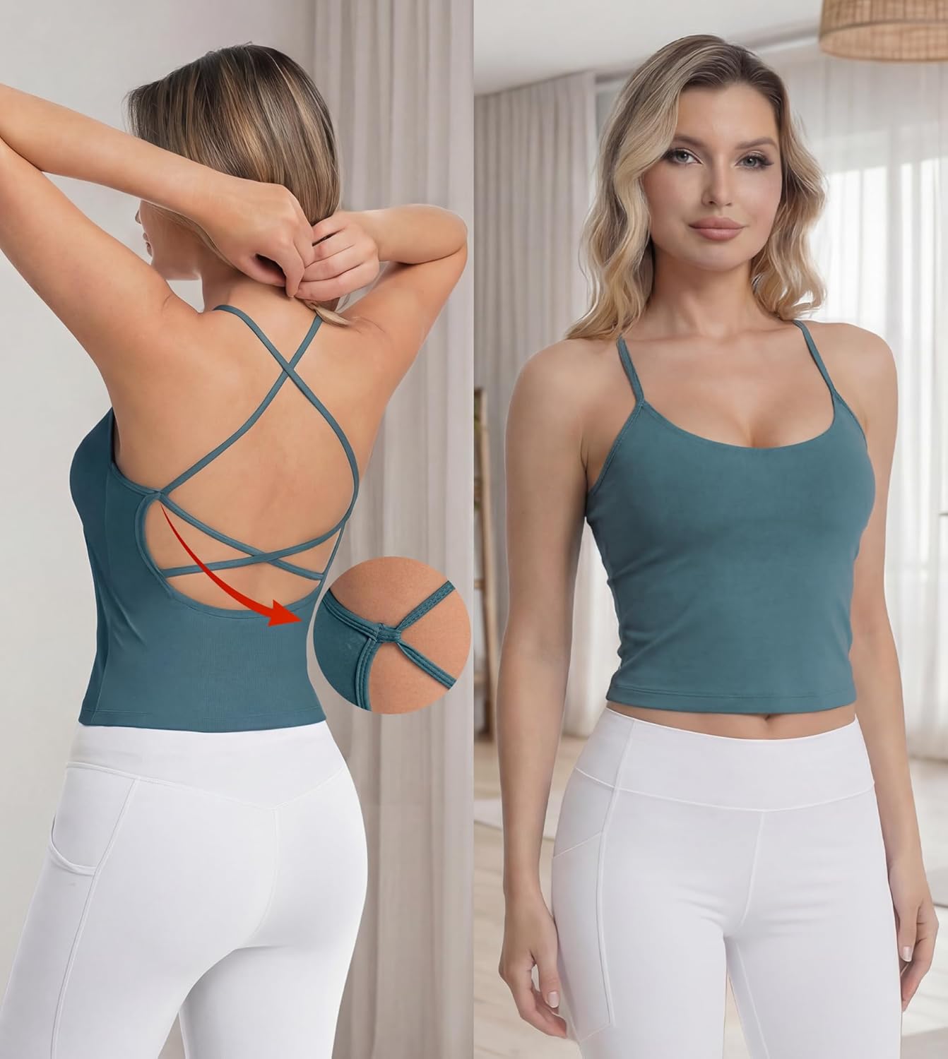 Womens Padded Workouk Tank Tops Spagetti Strap Tank Athletic Yoga Gym Tops Blue Built in Bra