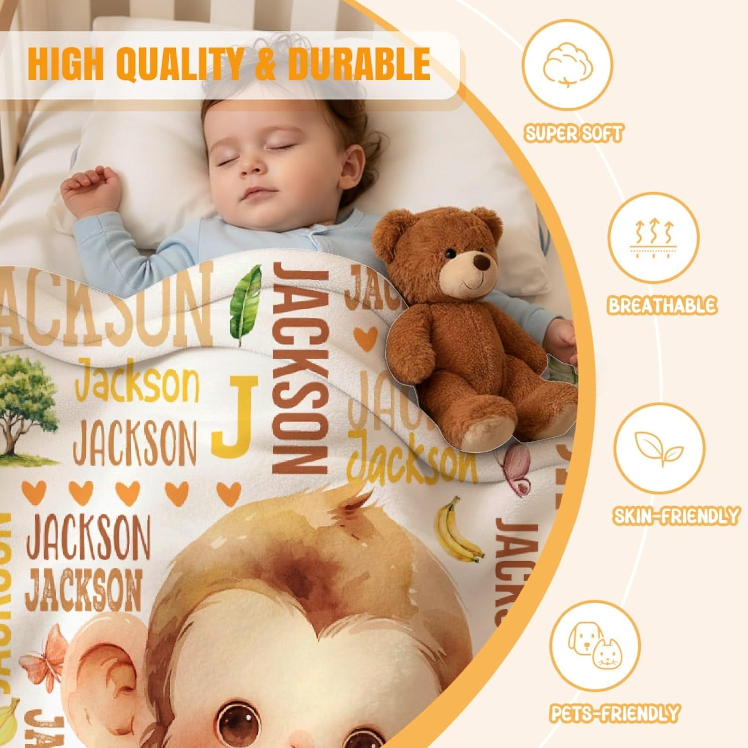 Personalized Custom Monkey Blanket - Swaddle Blanket for Toddlers, Infants, Newborns - Stroller Crib Decor Throw - Kids/Throw Size, 40"x50" - Birthday Gift