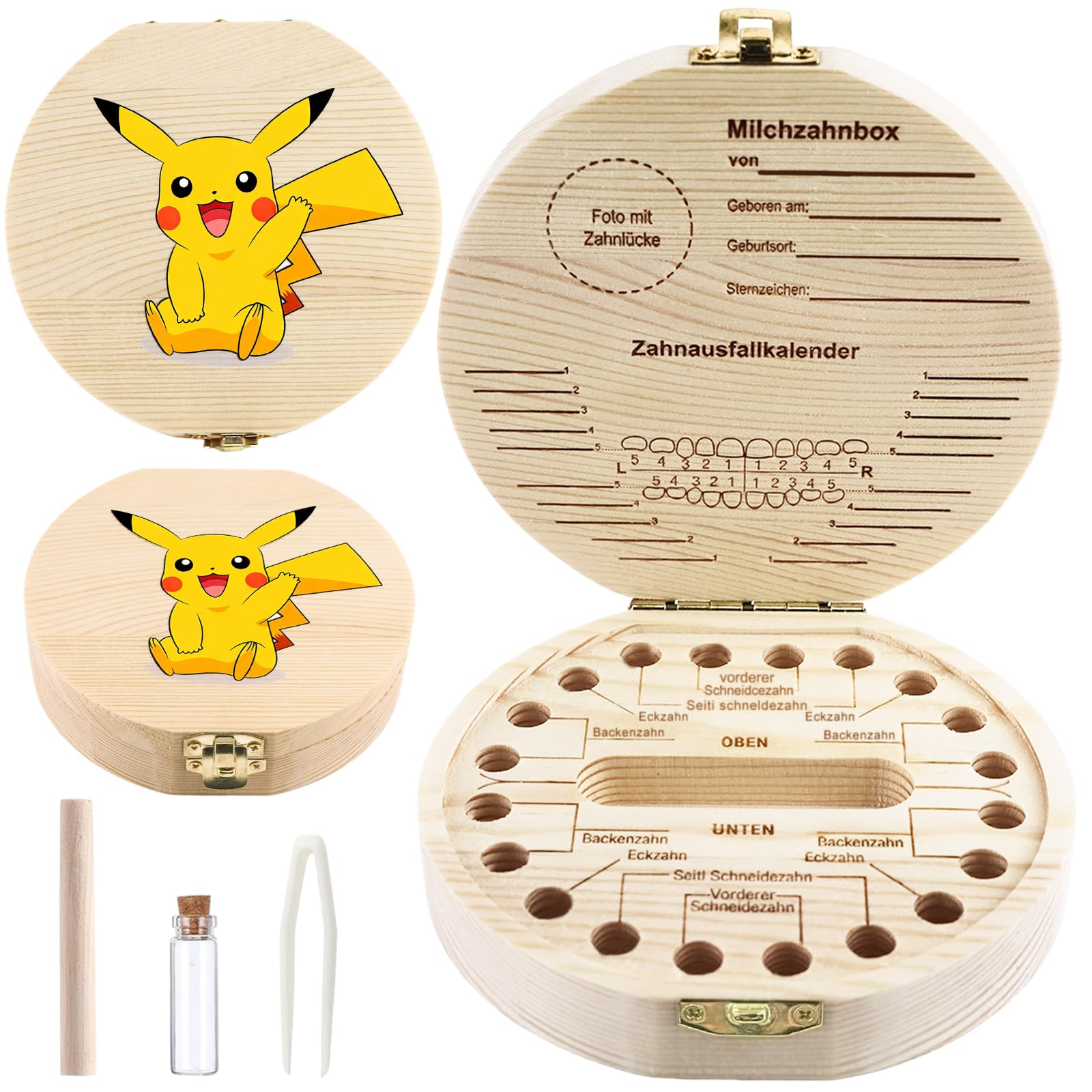 Lutandi Holz Milchzahn Aufbewahrungsbox, Zahnbox für Milchzähne Mädchen Junge, Milchzahndose mit Fächern, Erinnerungsbox für Baby Zähne, Geschenk zur Geburt Taufe