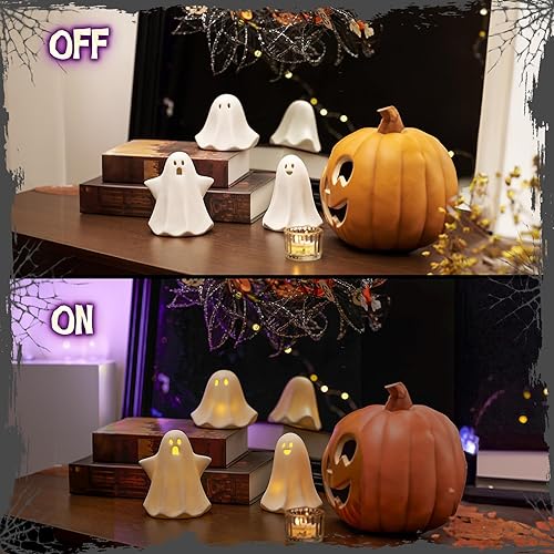 Miniatura 2 de Fantasma iluminado para decoración de Halloween, 5 pulgadas, bonitas decoraciones de Halloween para interiores, 3 piezas de fantasmas de cerámica