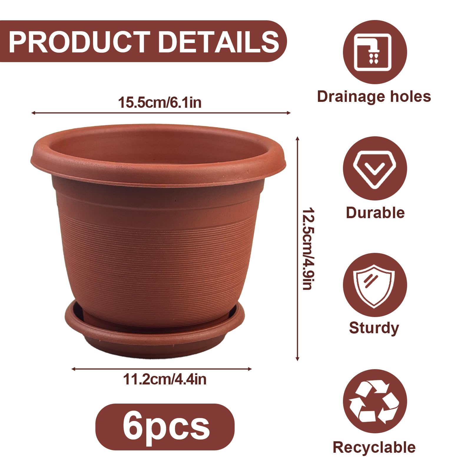 6Pack 15.5cm/6.1-in Plant Pots Indoor Plastic Flower Pots with Drainage Holes and Saucers Modern Decorative Planters Succulent Indoor Outdoor Plants - Terracotta - 2