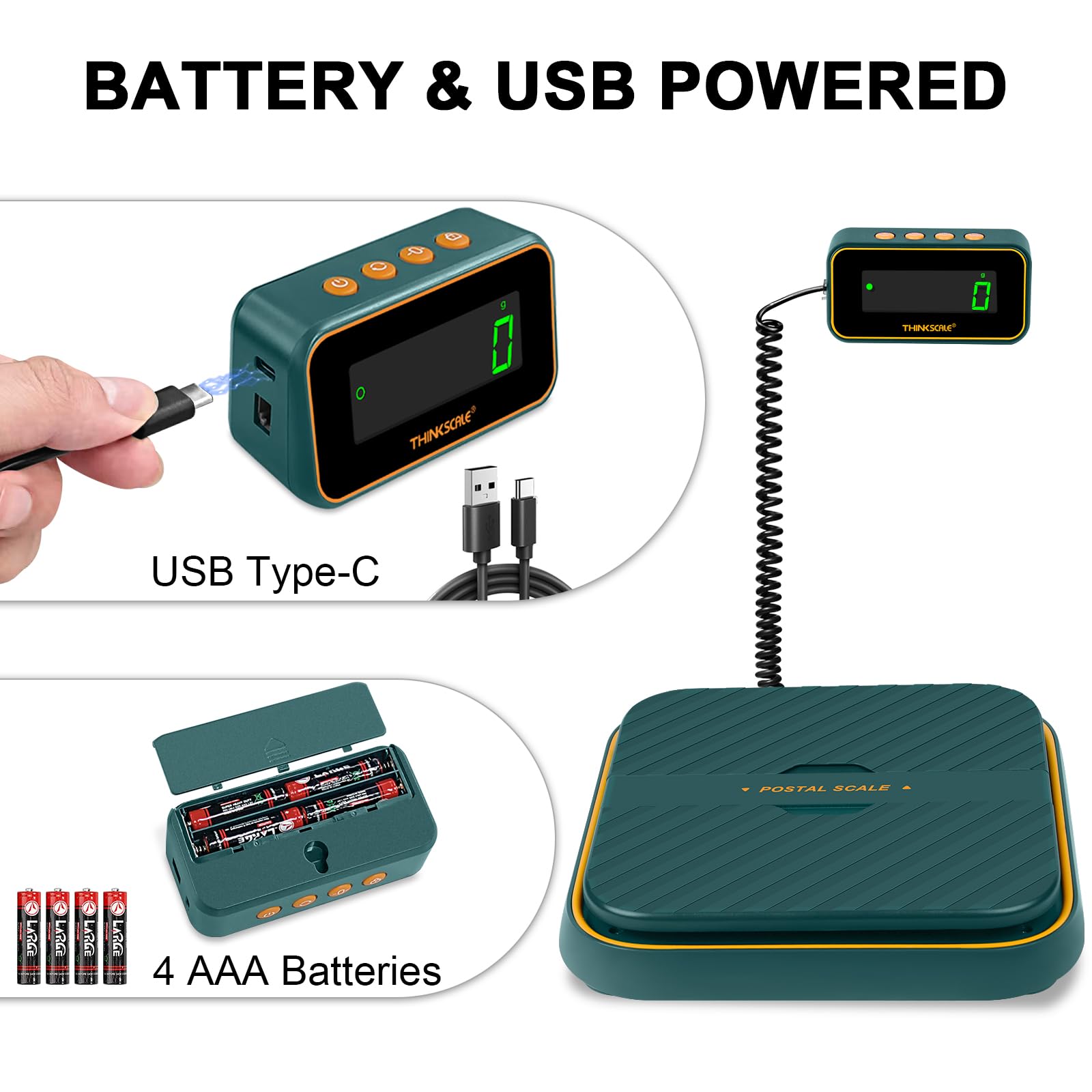 THINKSCALE Bilancia da spedizione da 39 kg, precisione 2,8 g, con supporto per posta tara, tenuta e pieghevole, per e-commerce, piccole imprese e pacchi, batteria e ricarica di tipo C